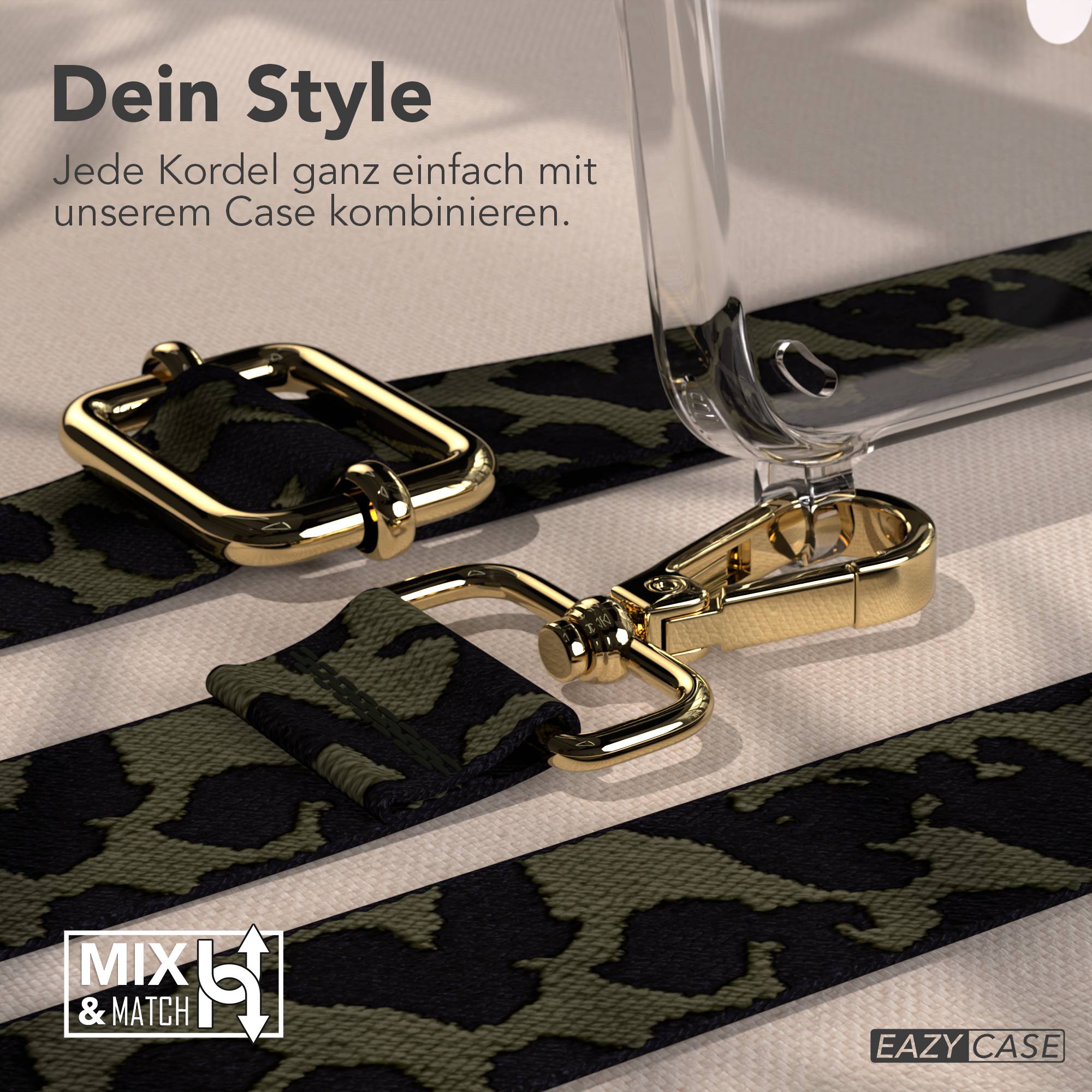 Samsung Galaxy S25 Handykette MagSafe mit verstellbarem Boho Band Set #farbe_dunkelgrun-camouflage-metallfarbe-gold