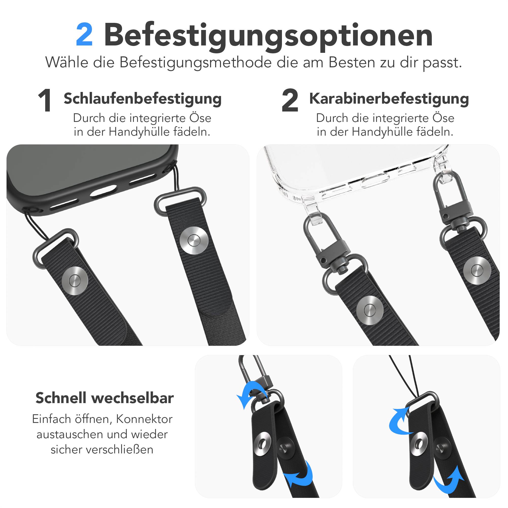 Magnetische Universal Handykette mit Karabiner und Connectoren zum Umhängen