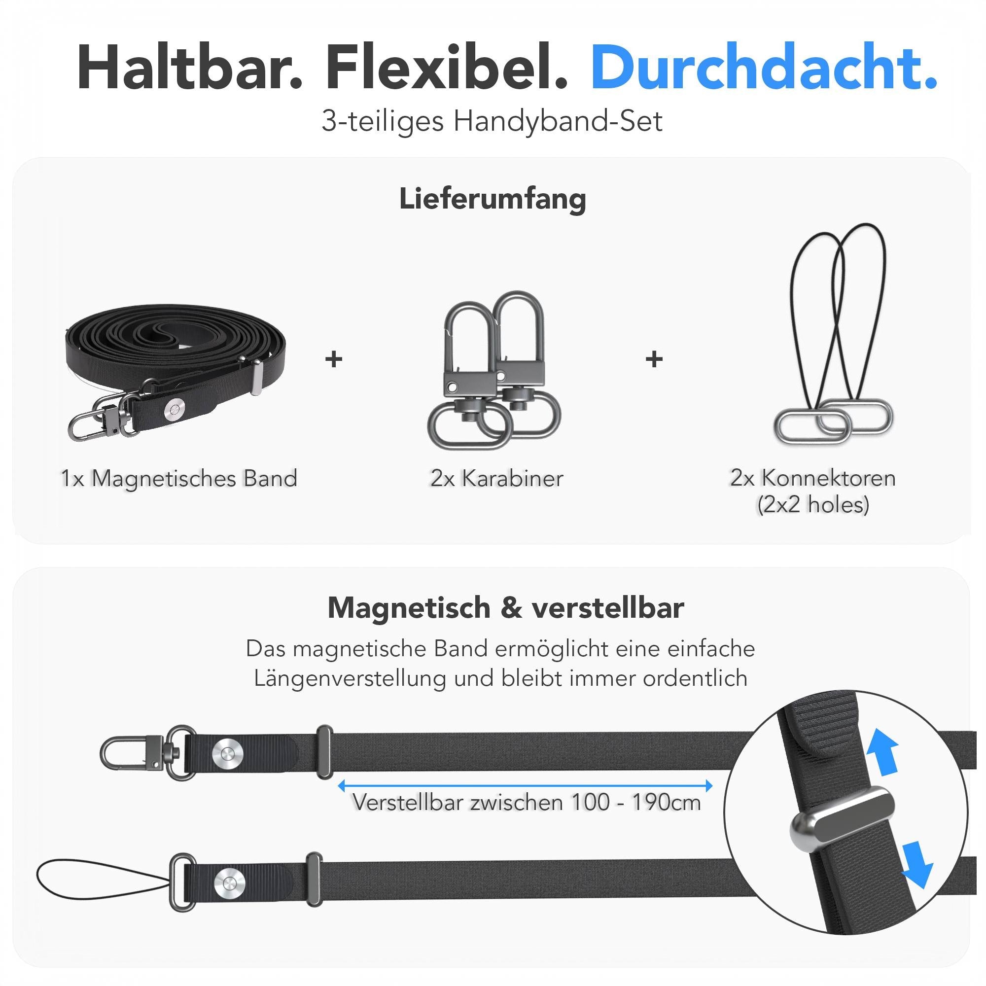 Magnetische Universal Handykette mit Karabiner und Connectoren zum Umhängen
