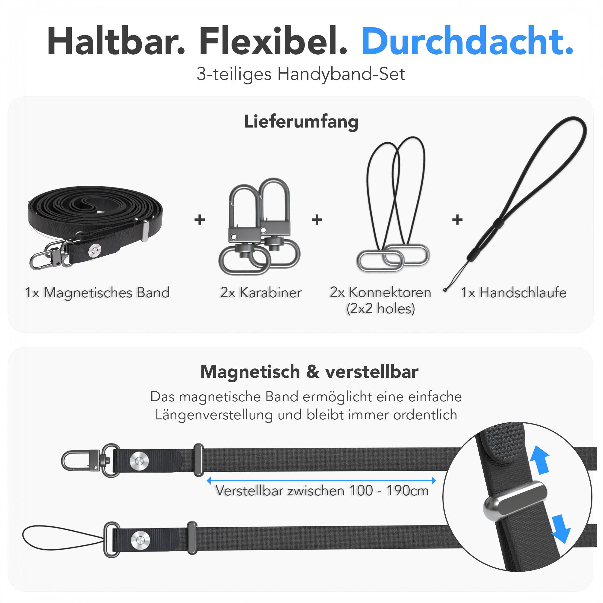 Magnetische Universal Handykette mit Karabiner und Connectoren zum Umhängen