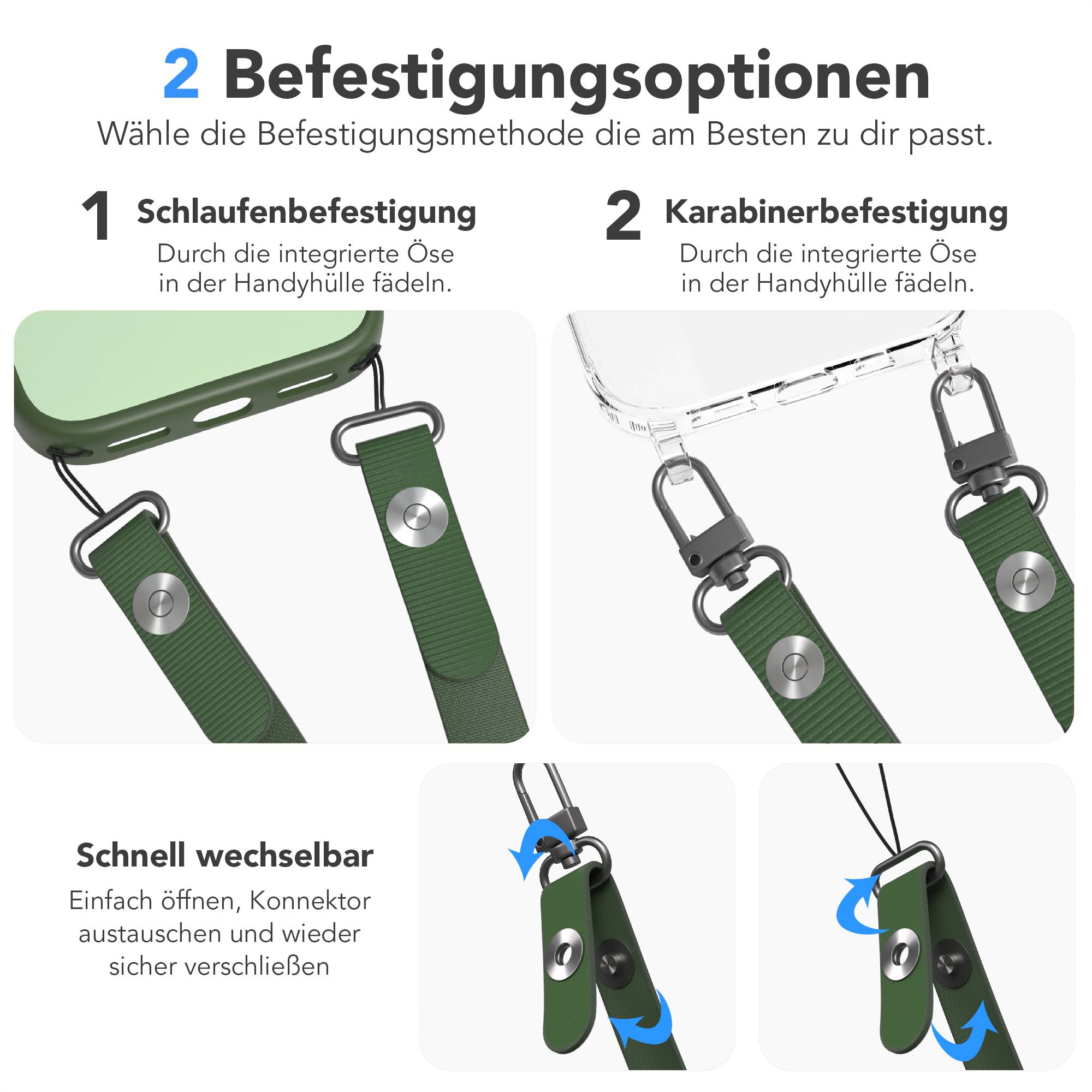Magnetische Universal Handykette mit Karabiner und Connectoren zum Umhängen