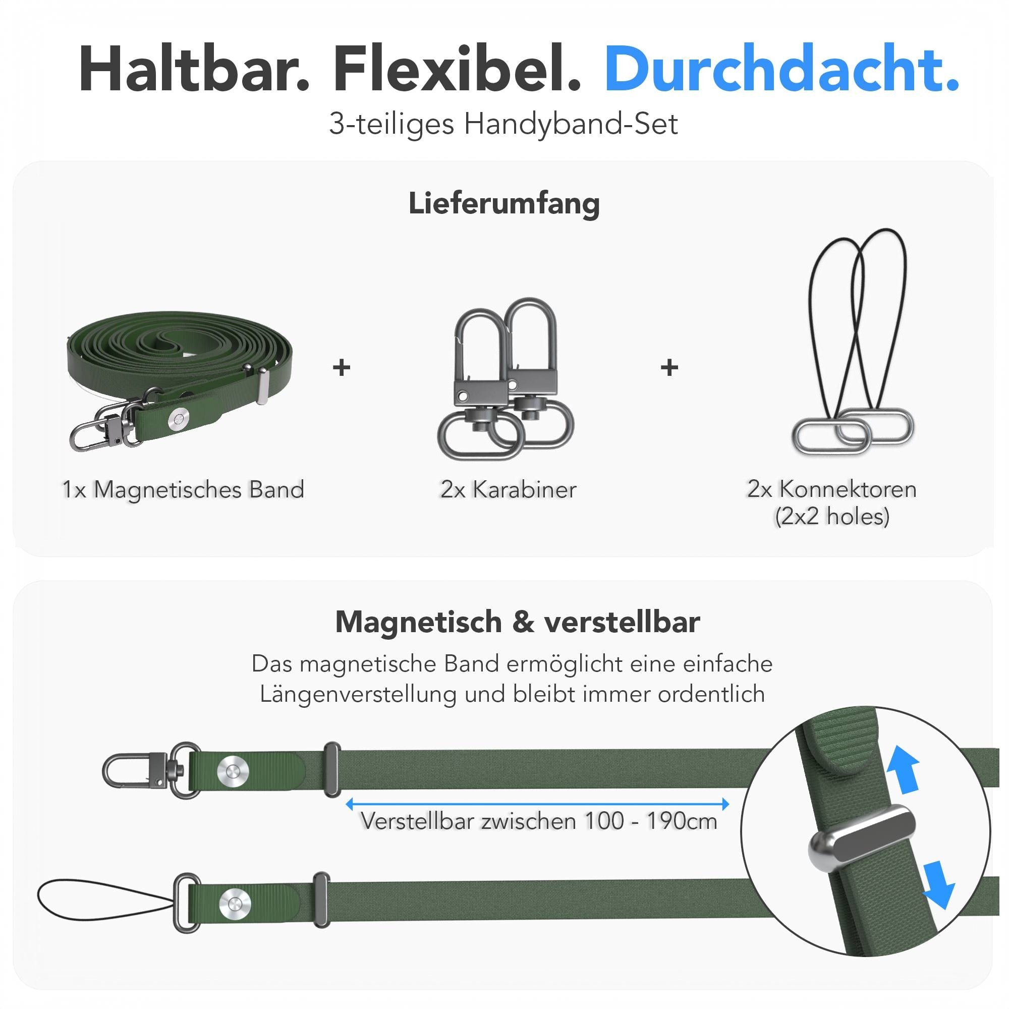 Magnetische Universal Handykette mit Karabiner und Connectoren zum Umhängen