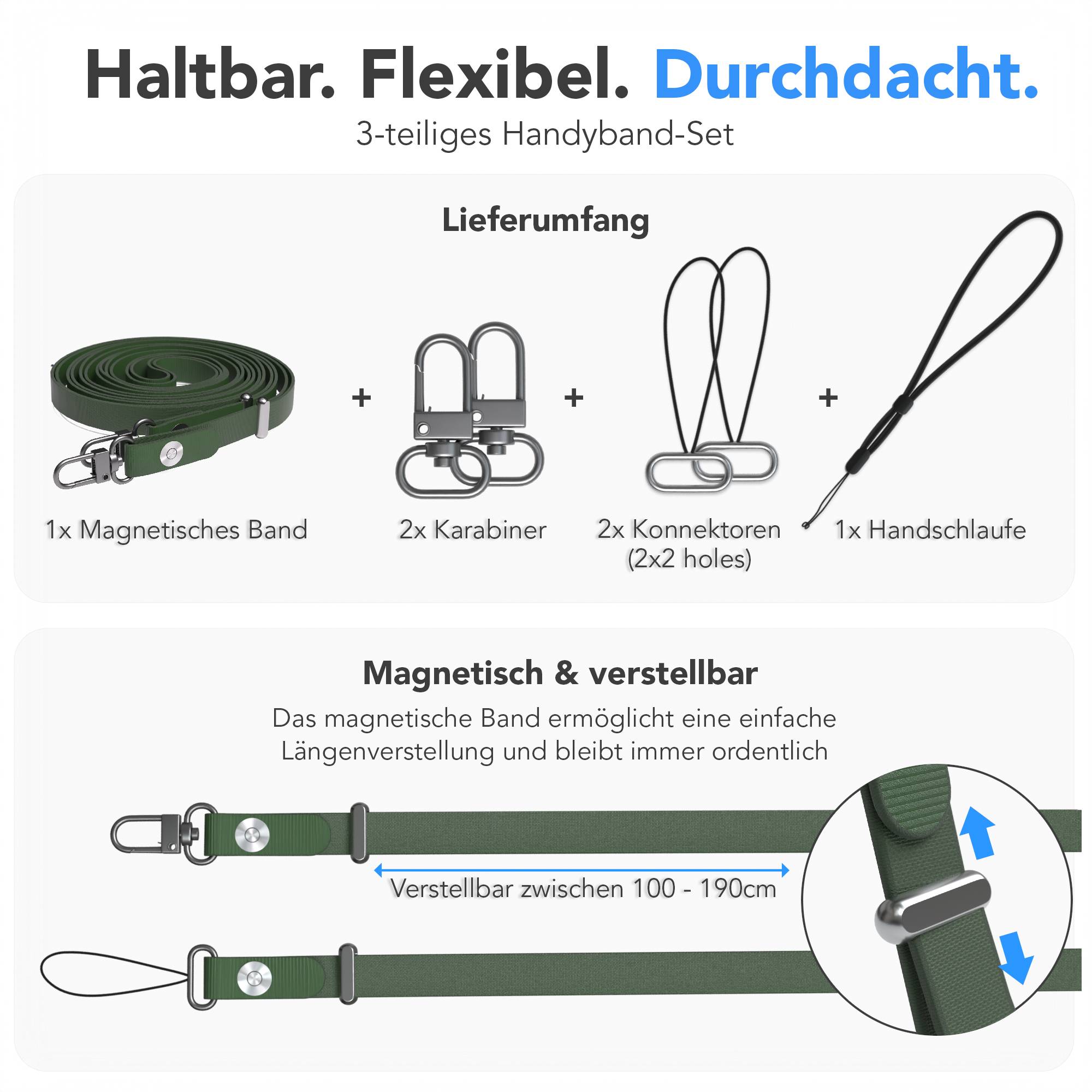 Magnetische Universal Handykette mit Karabiner und Connectoren zum Umhängen