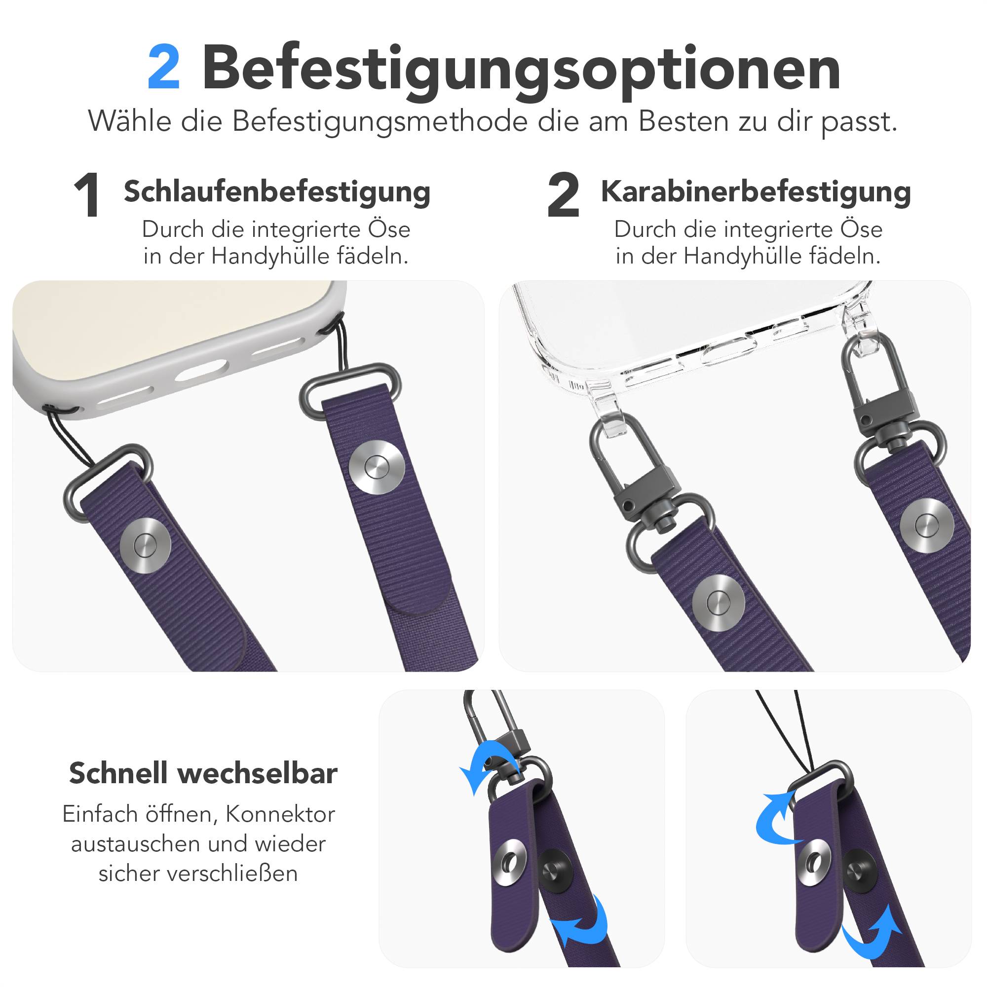 Magnetische Universal Handykette mit Karabiner und Connectoren zum Umhängen