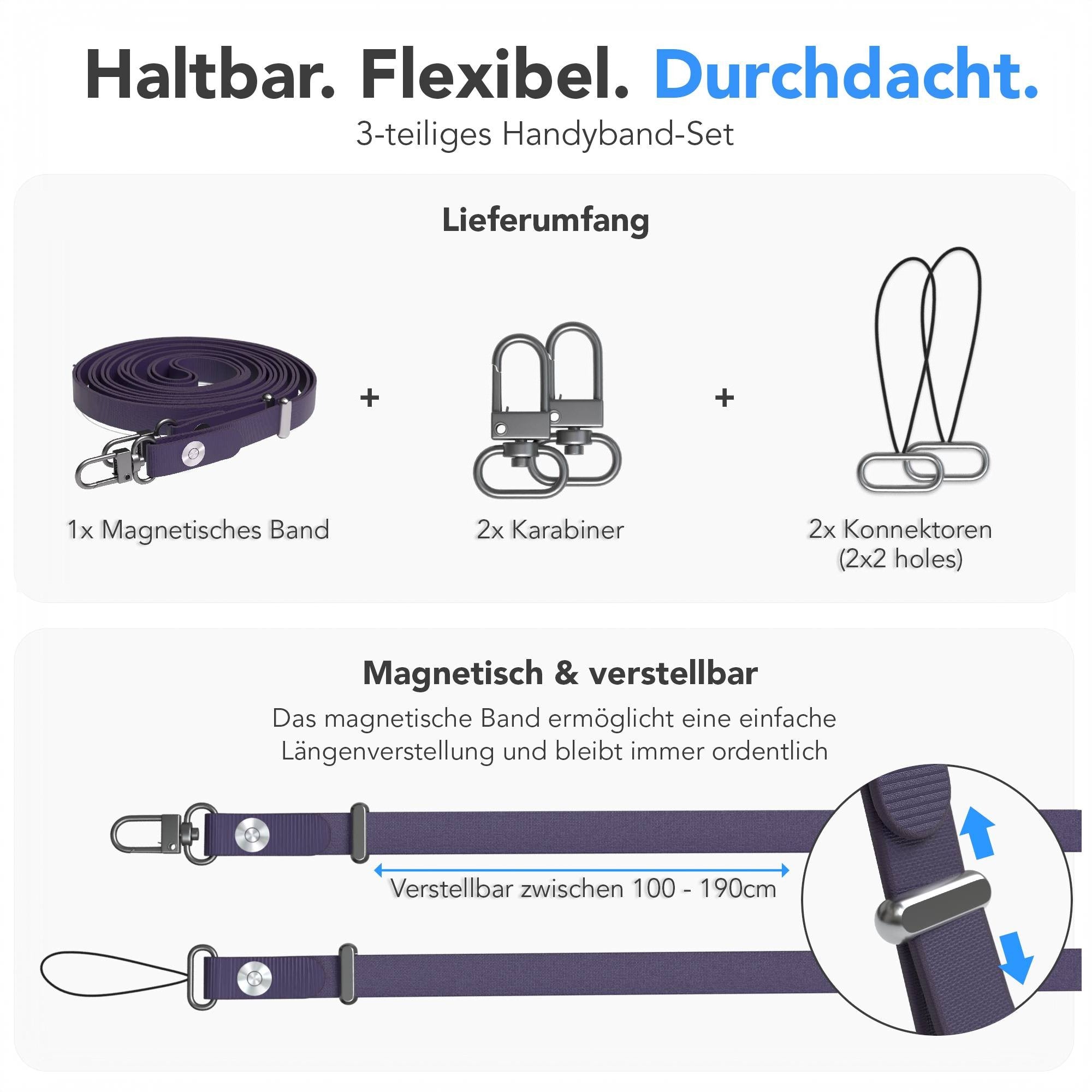 Magnetische Universal Handykette mit Karabiner und Connectoren zum Umhängen