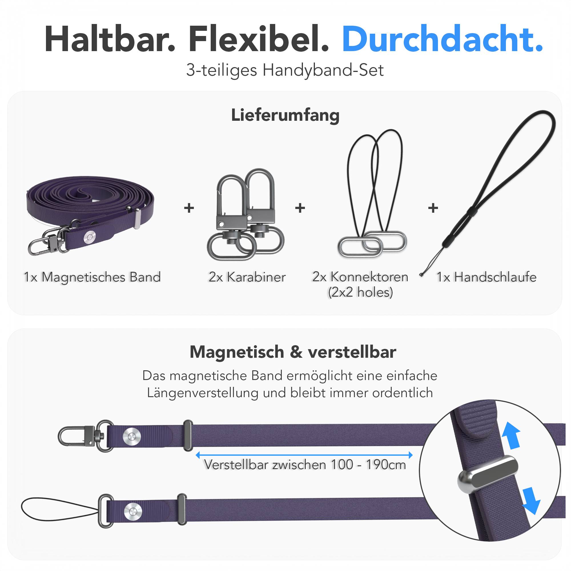 Magnetische Universal Handykette mit Karabiner und Connectoren zum Umhängen