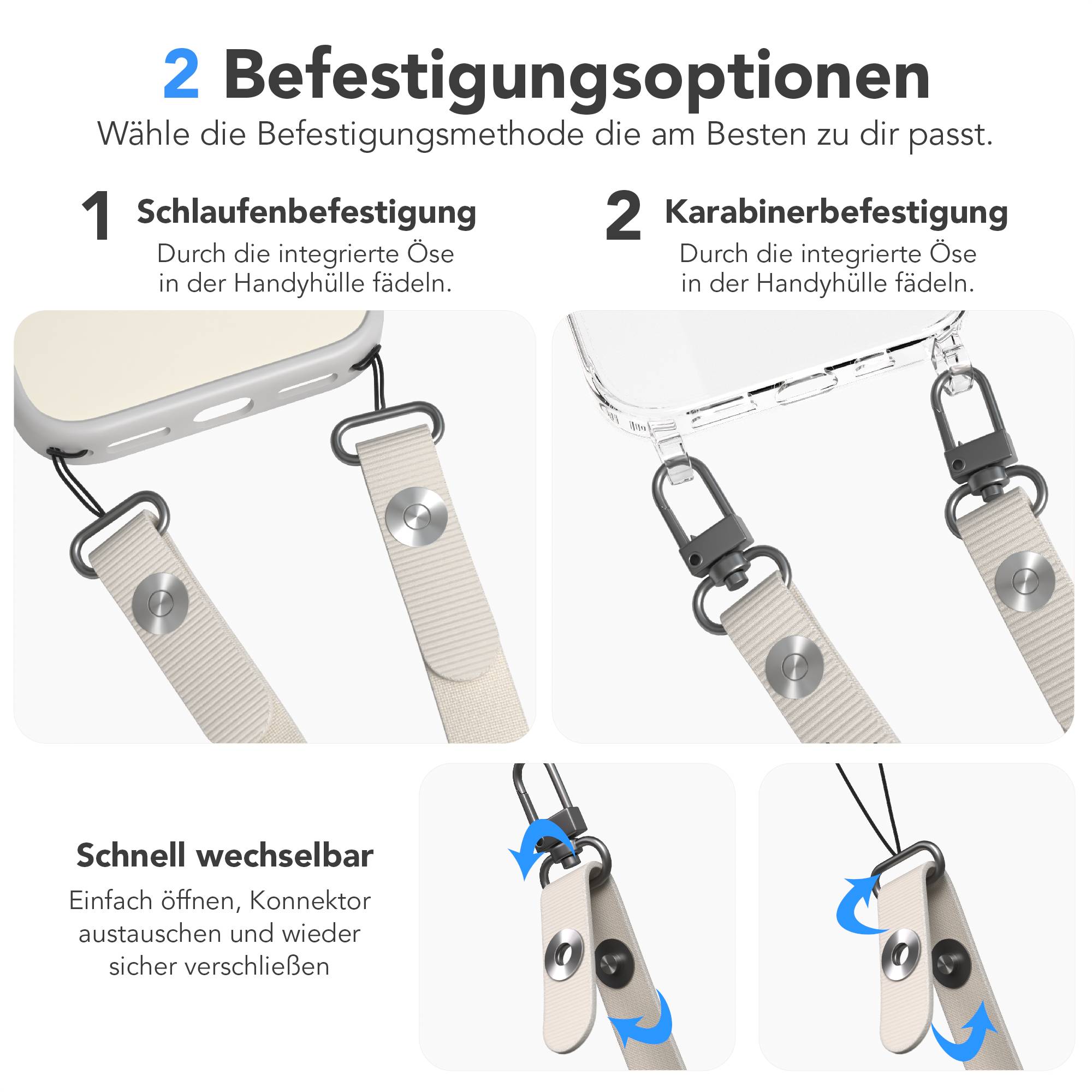 Magnetische Universal Handykette mit Karabiner und Connectoren zum Umhängen