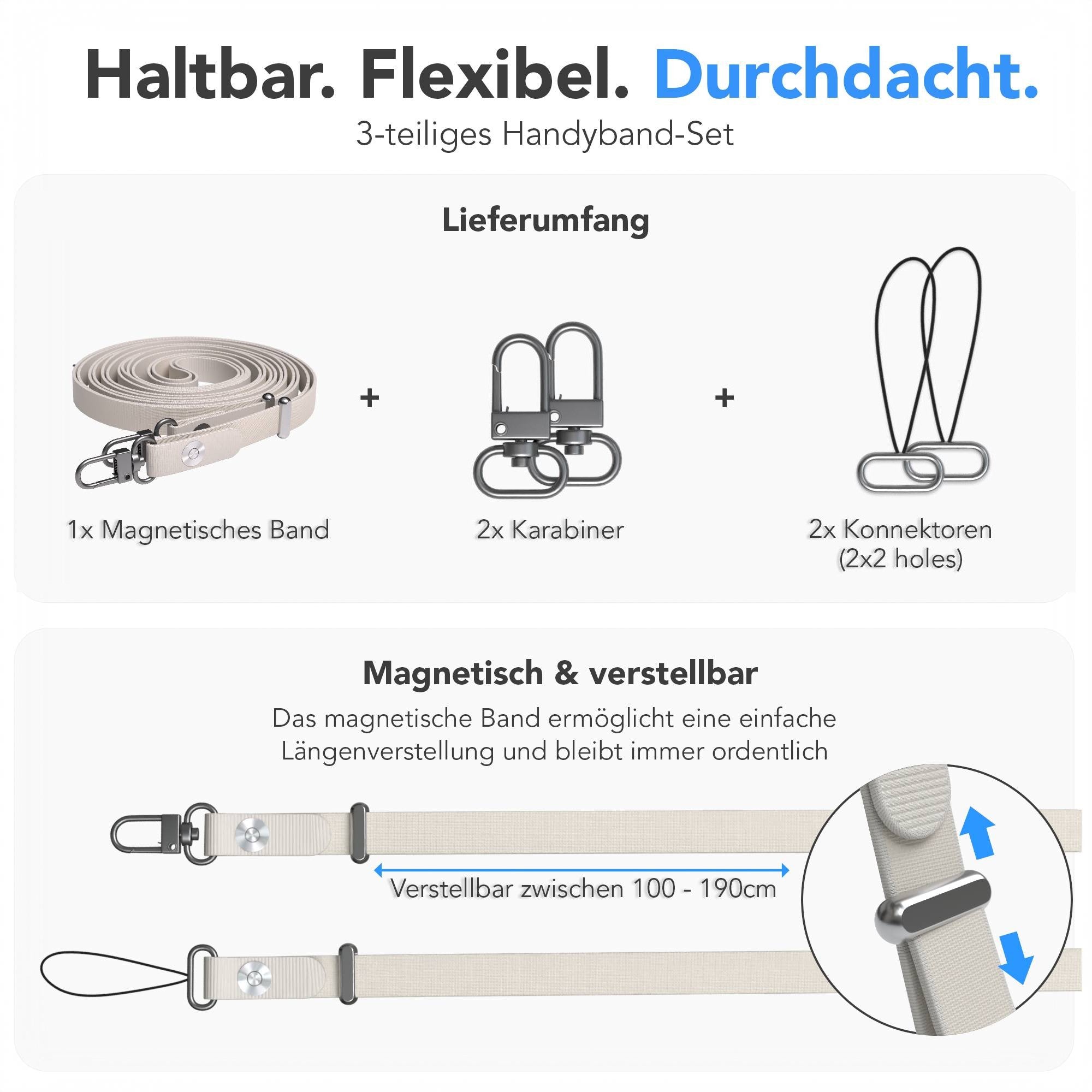 Magnetische Universal Handykette mit Karabiner und Connectoren zum Umhängen
