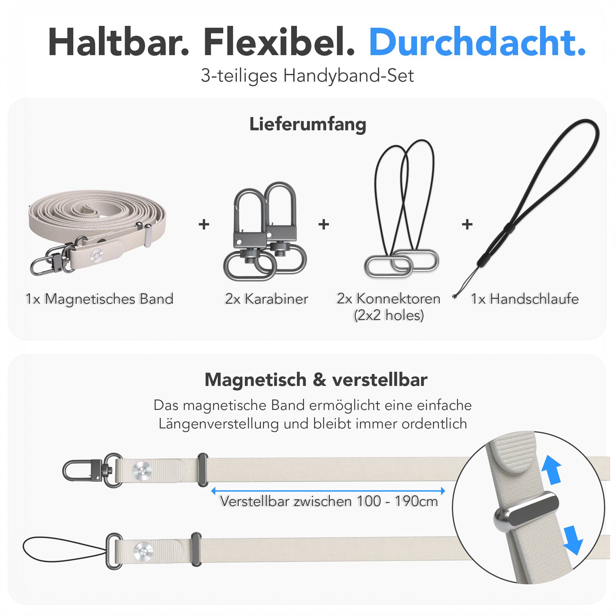 Magnetische Universal Handykette mit Karabiner und Connectoren zum Umhängen