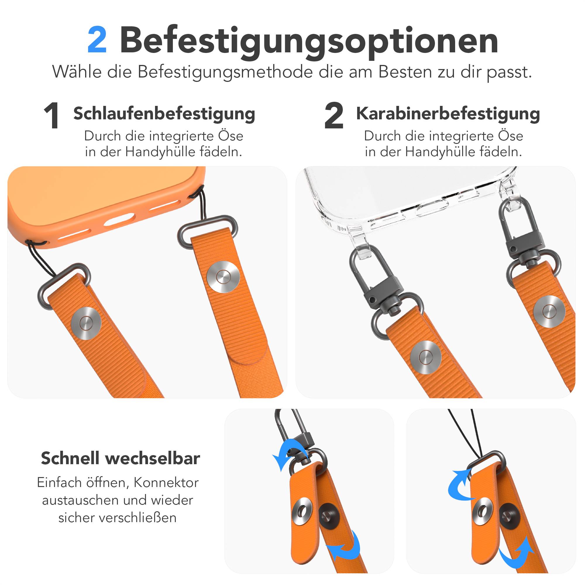 Magnetische Universal Handykette mit Karabiner und Connectoren zum Umhängen