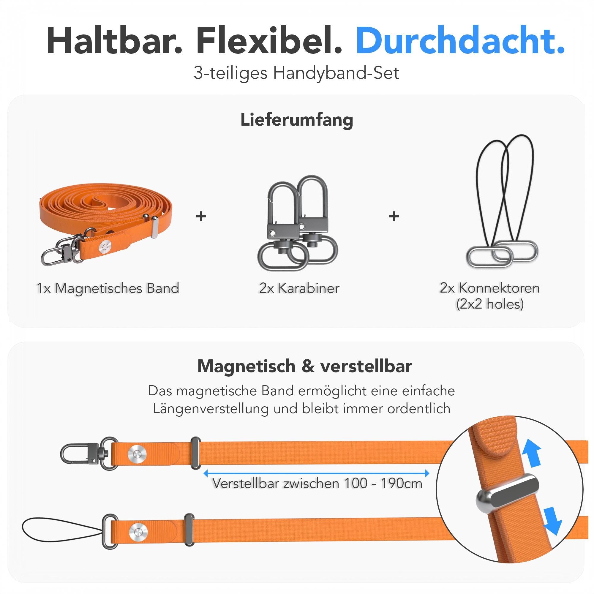 Magnetische Universal Handykette mit Karabiner und Connectoren zum Umhängen