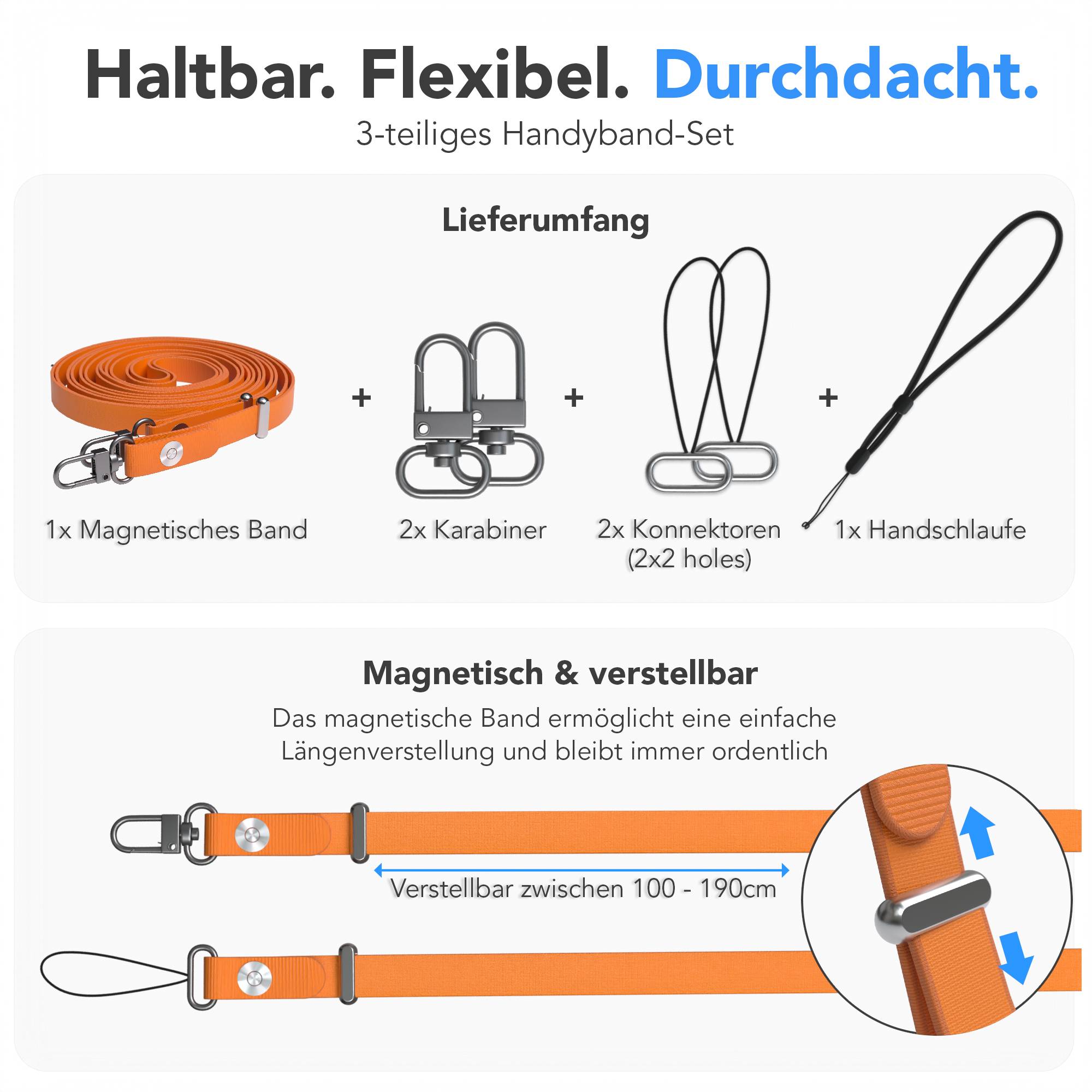 Magnetische Universal Handykette mit Karabiner und Connectoren zum Umhängen