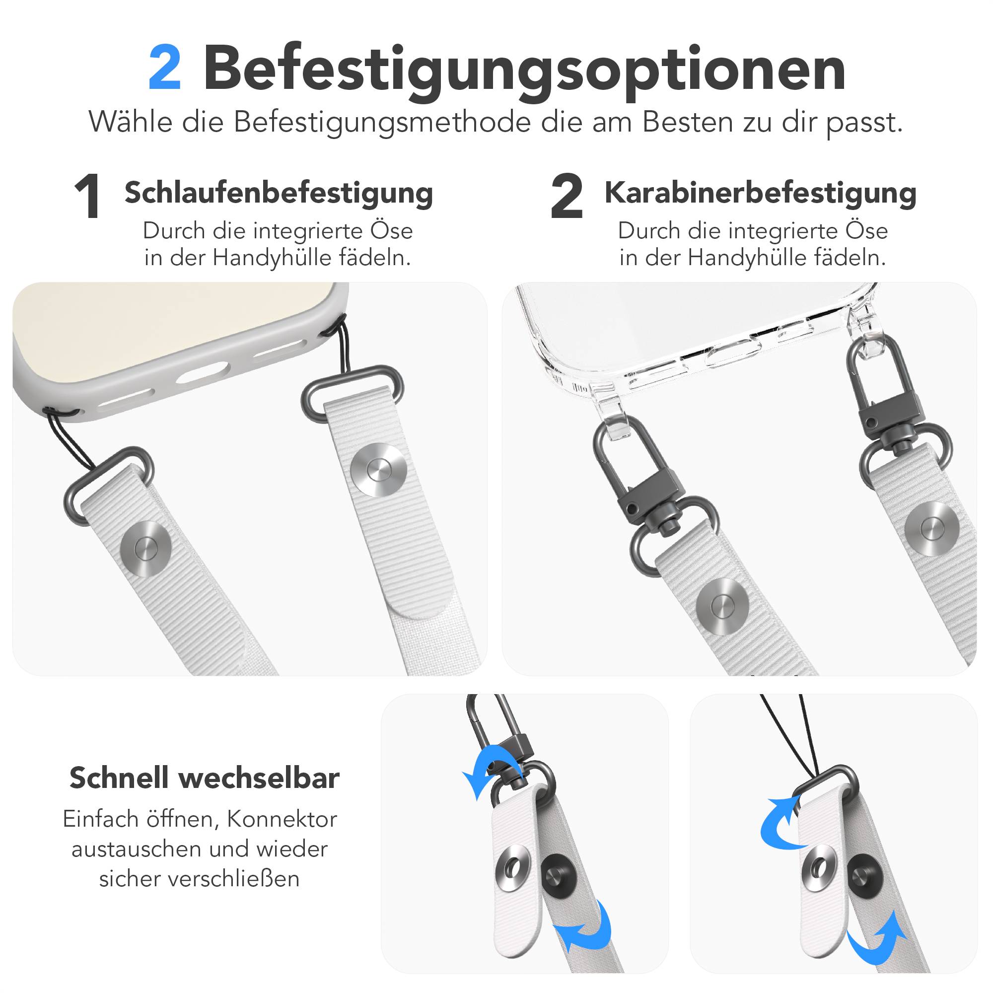 Magnetische Universal Handykette mit Karabiner und Connectoren zum Umhängen