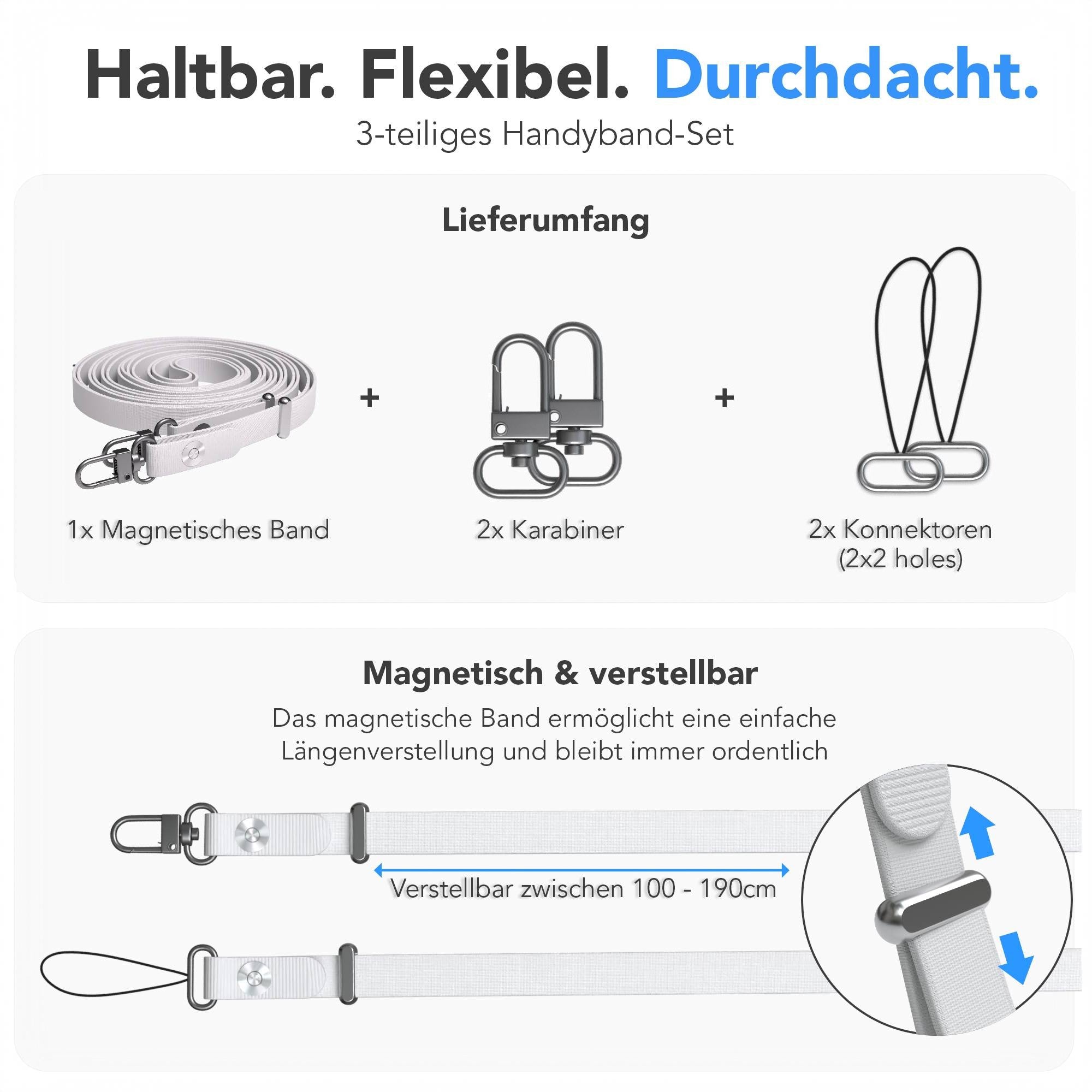 Magnetische Universal Handykette mit Karabiner und Connectoren zum Umhängen