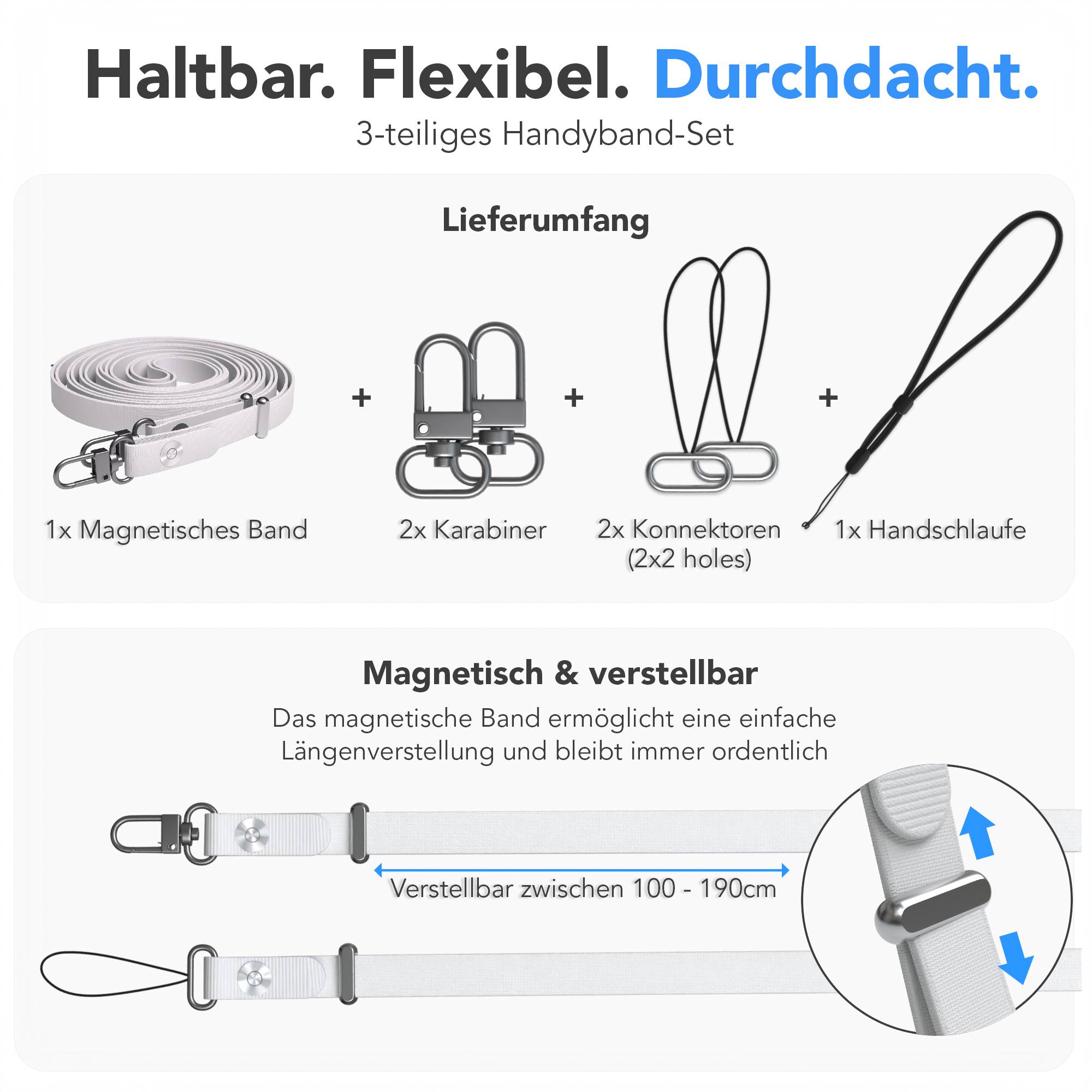 Magnetische Universal Handykette mit Karabiner und Connectoren zum Umhängen