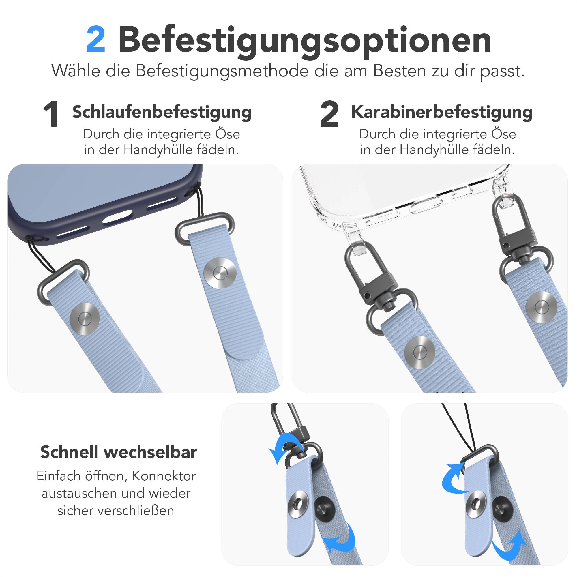 Magnetische Universal Handykette mit Karabiner und Connectoren zum Umhängen