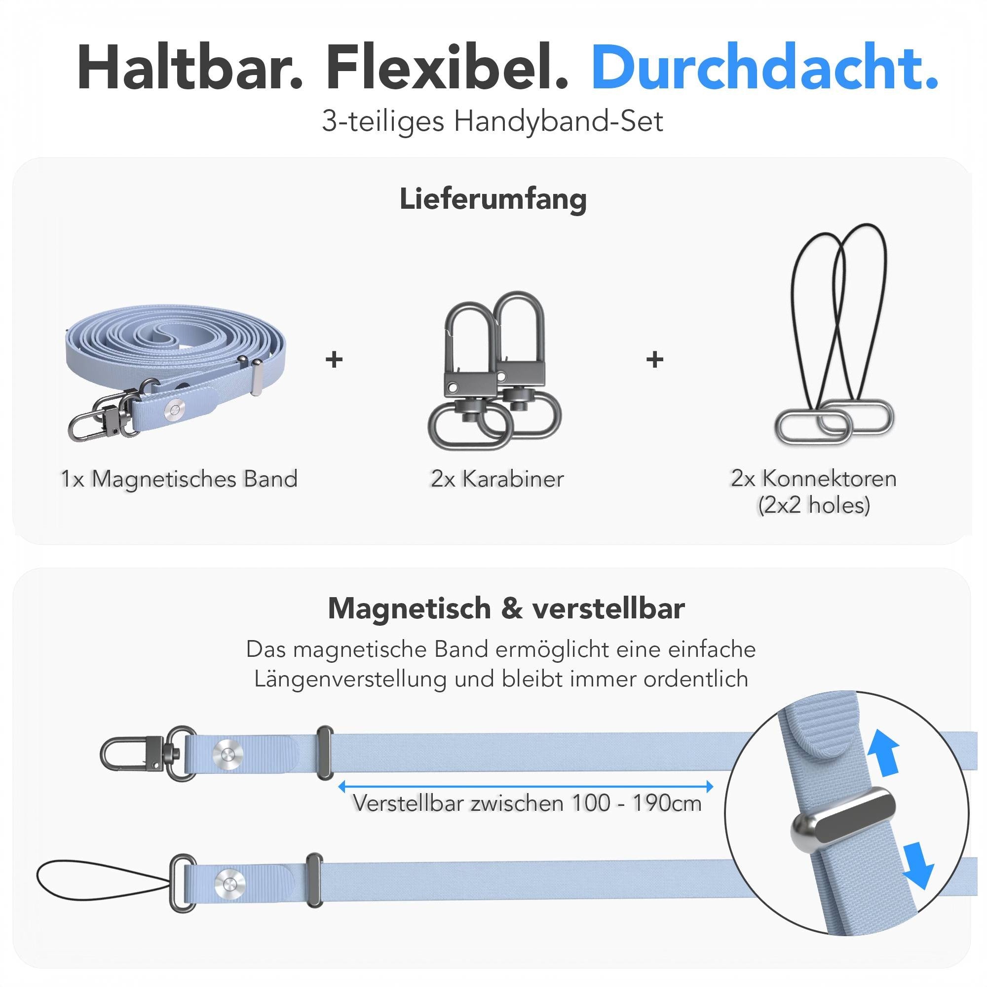 Magnetische Universal Handykette mit Karabiner und Connectoren zum Umhängen