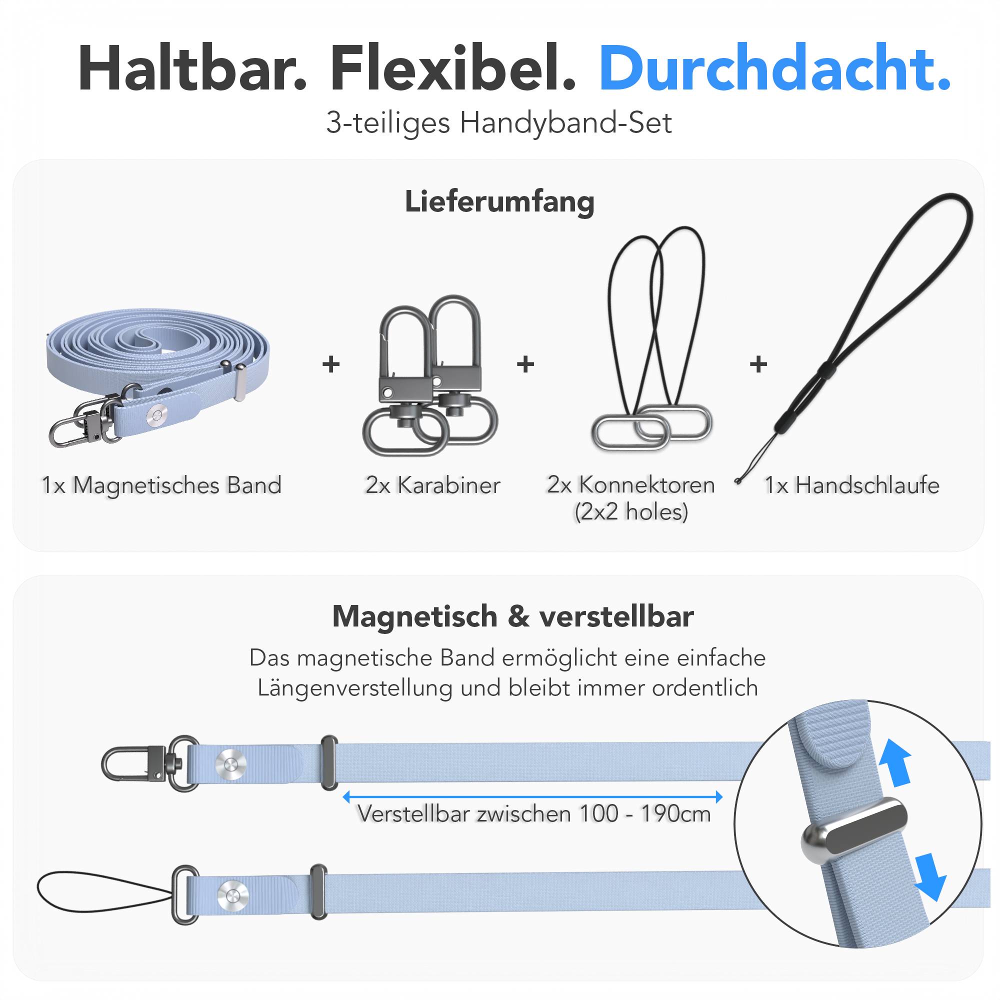 Magnetische Universal Handykette mit Karabiner und Connectoren zum Umhängen