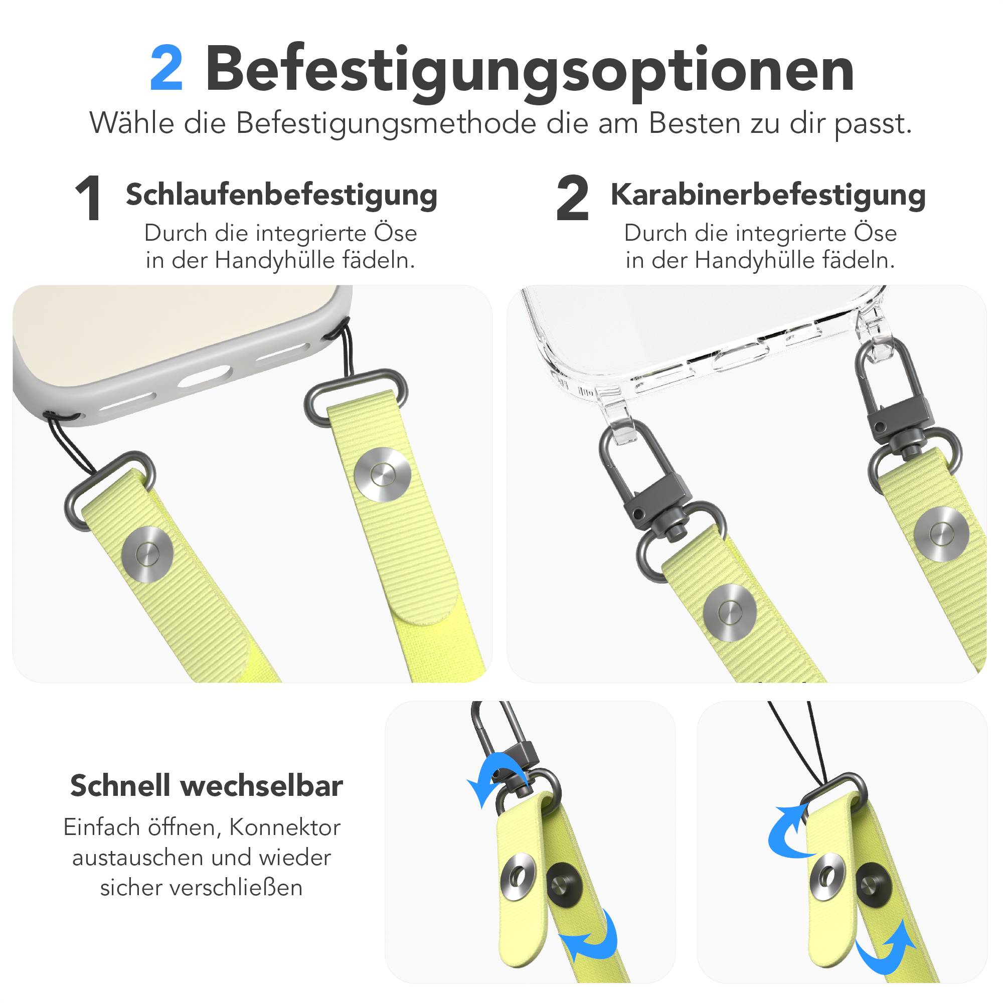 Magnetische Universal Handykette mit Karabiner und Connectoren zum Umhängen