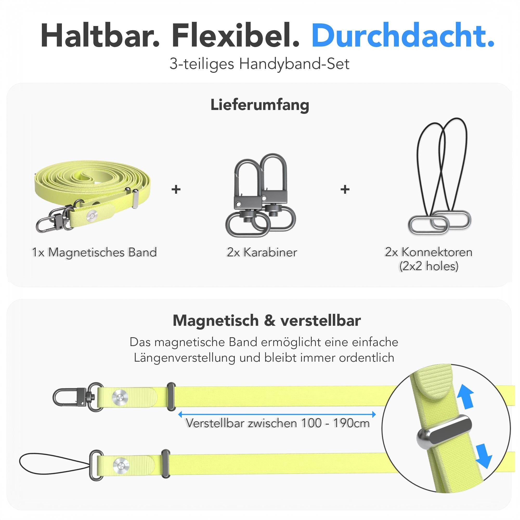 Magnetische Universal Handykette mit Karabiner und Connectoren zum Umhängen
