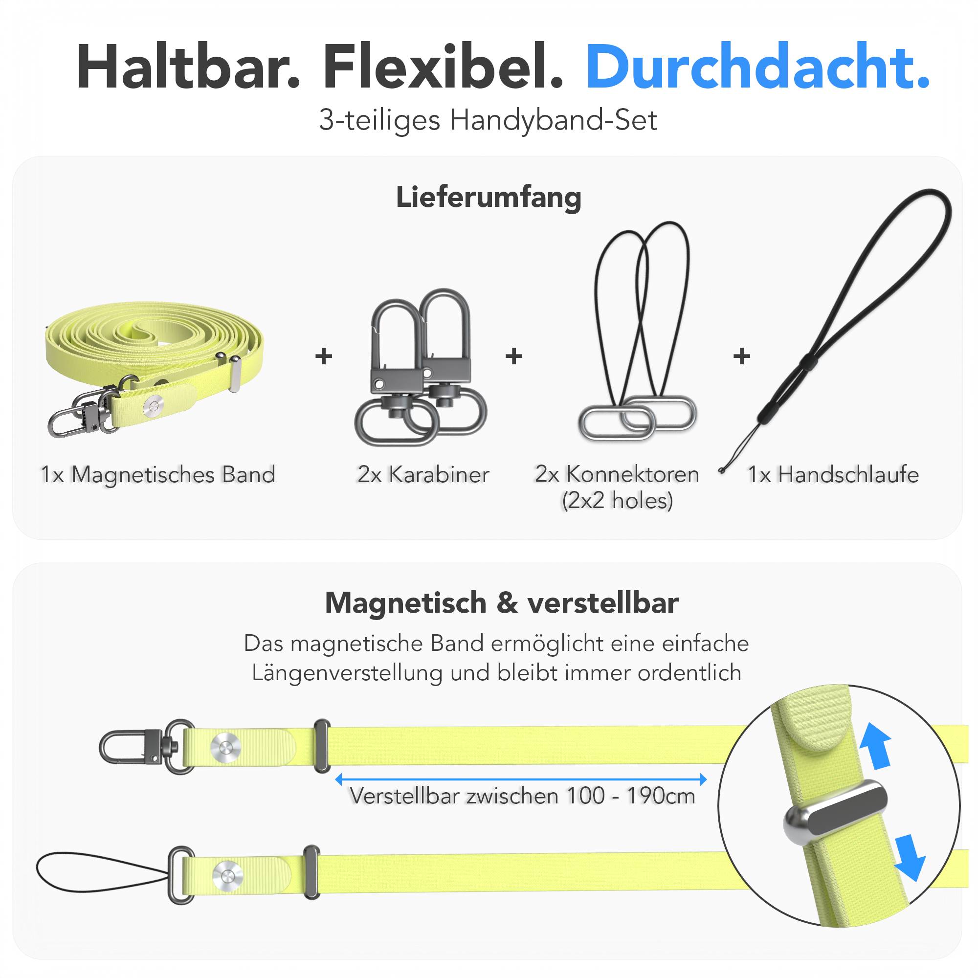 Magnetische Universal Handykette mit Karabiner und Connectoren zum Umhängen