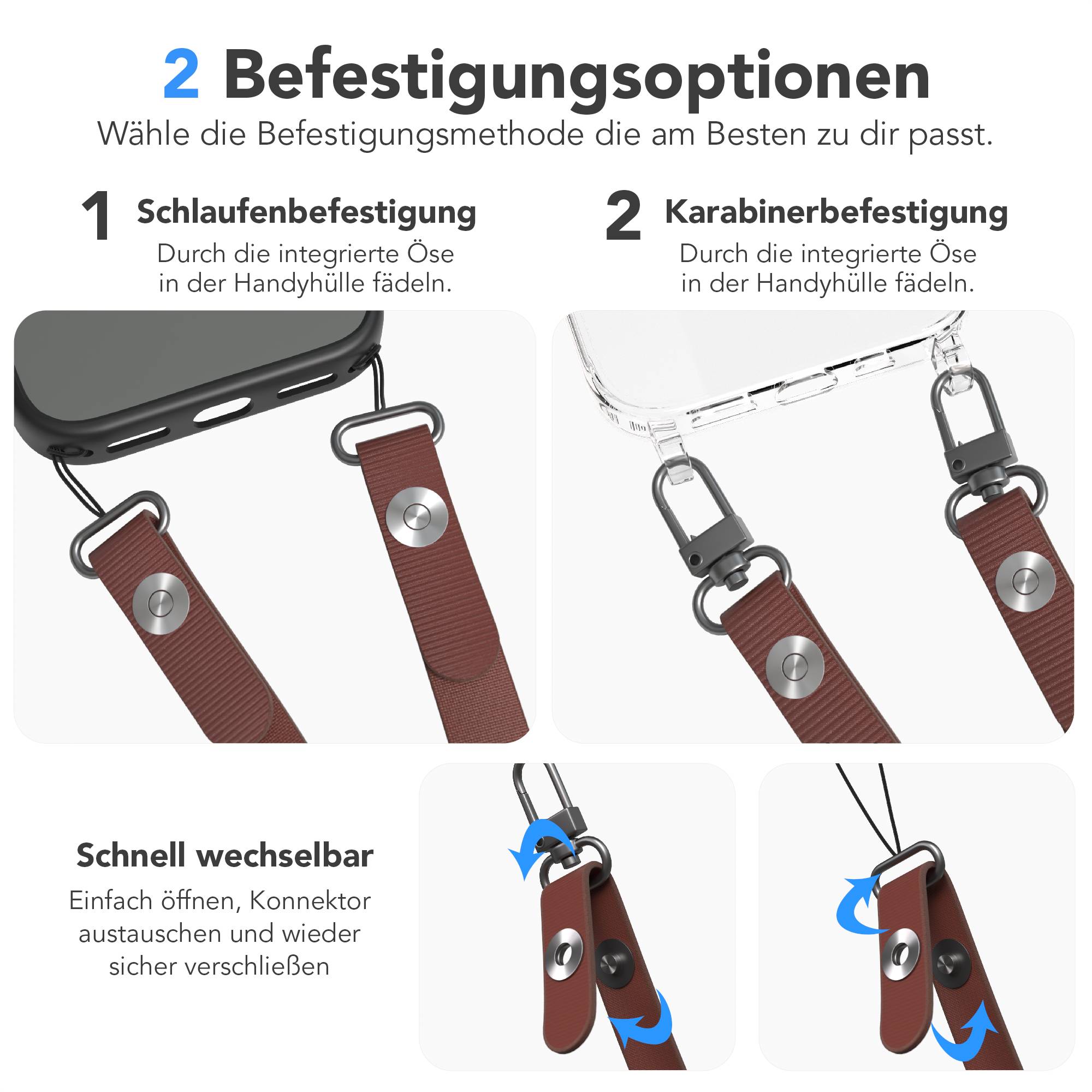 Magnetische Universal Handykette mit Karabiner und Connectoren zum Umhängen