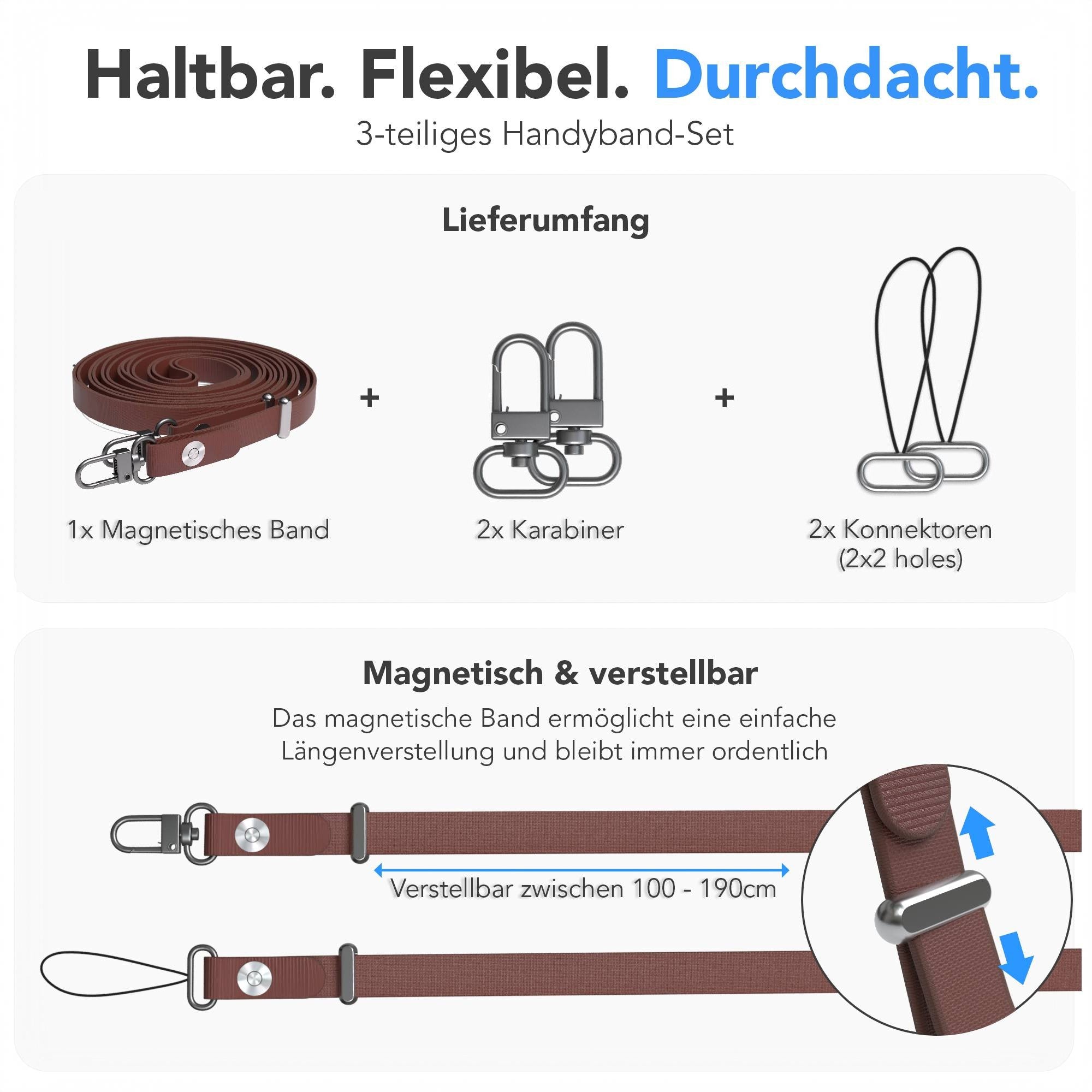 Magnetische Universal Handykette mit Karabiner und Connectoren zum Umhängen