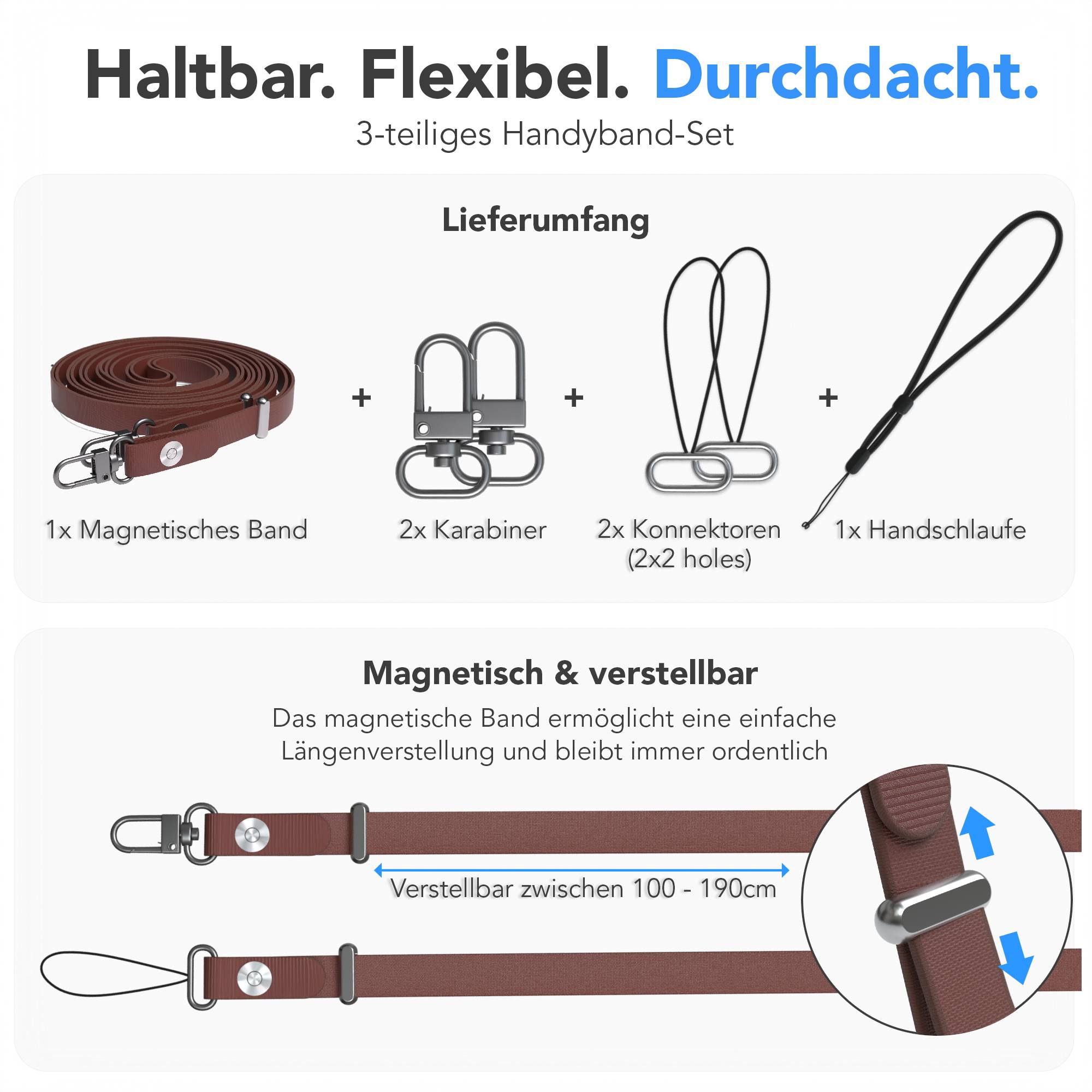 Magnetische Universal Handykette mit Karabiner und Connectoren zum Umhängen