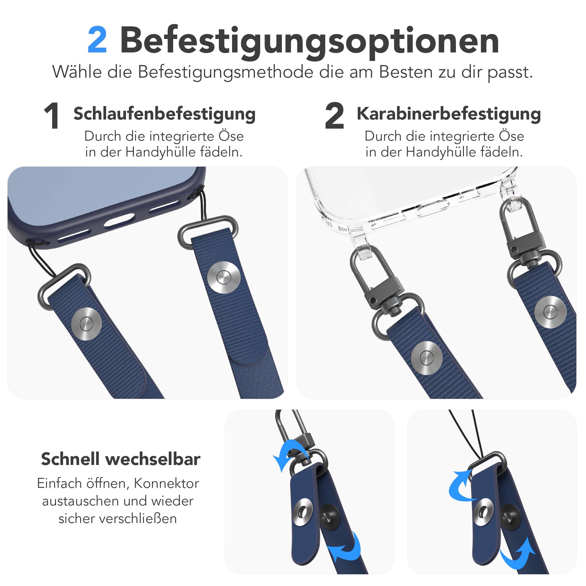 Magnetische Universal Handykette mit Karabiner und Connectoren zum Umhängen