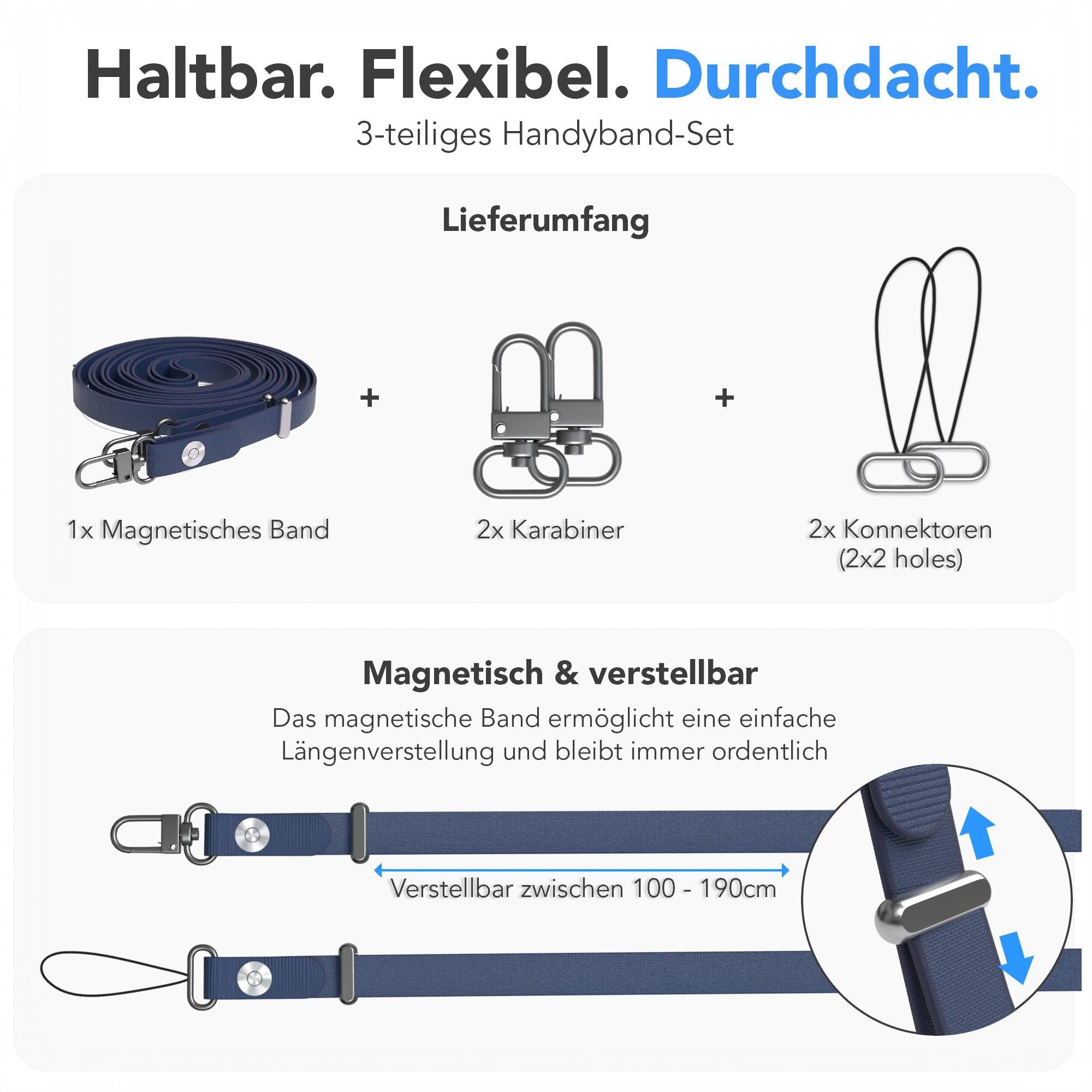 Magnetische Universal Handykette mit Karabiner und Connectoren zum Umhängen