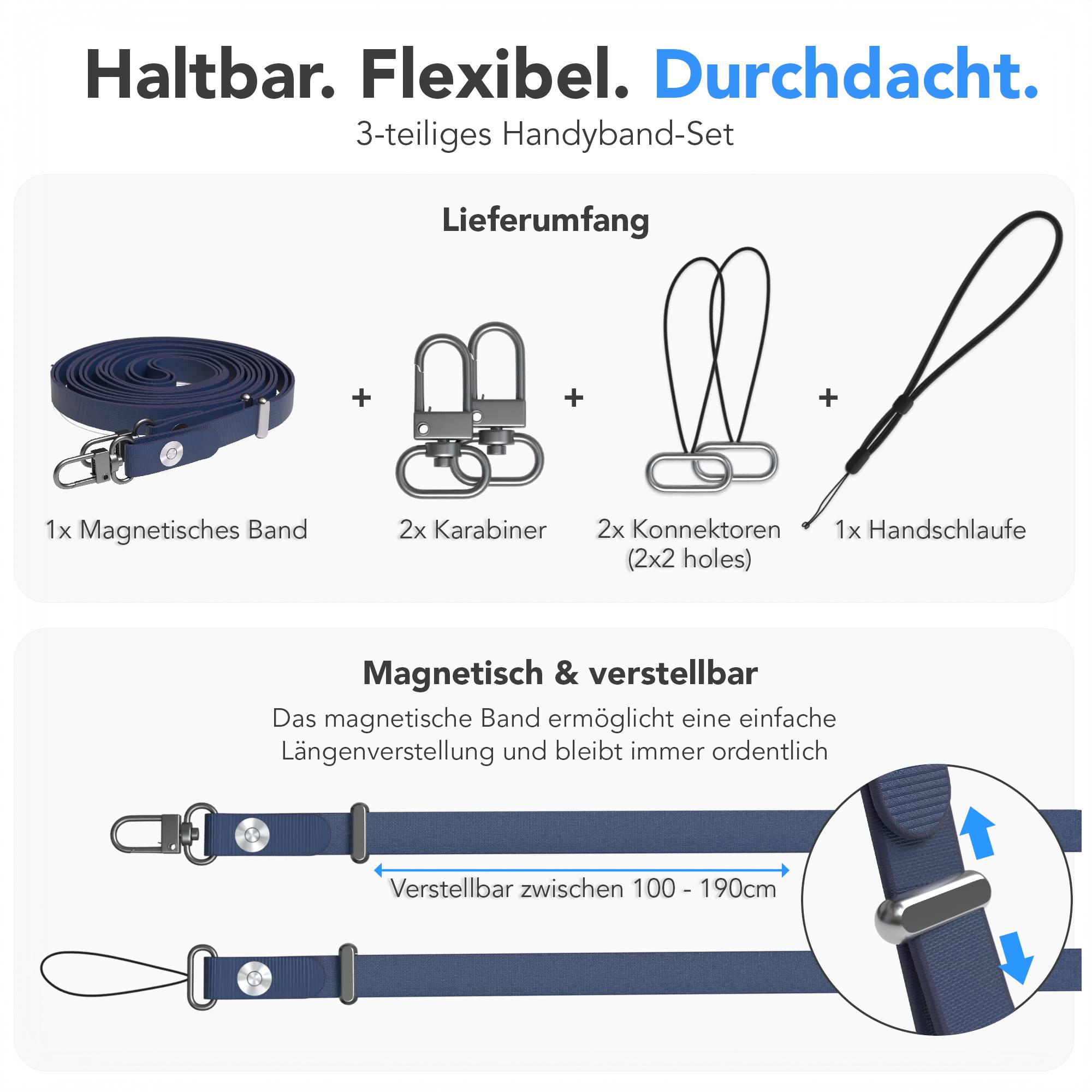 Magnetische Universal Handykette mit Karabiner und Connectoren zum Umhängen