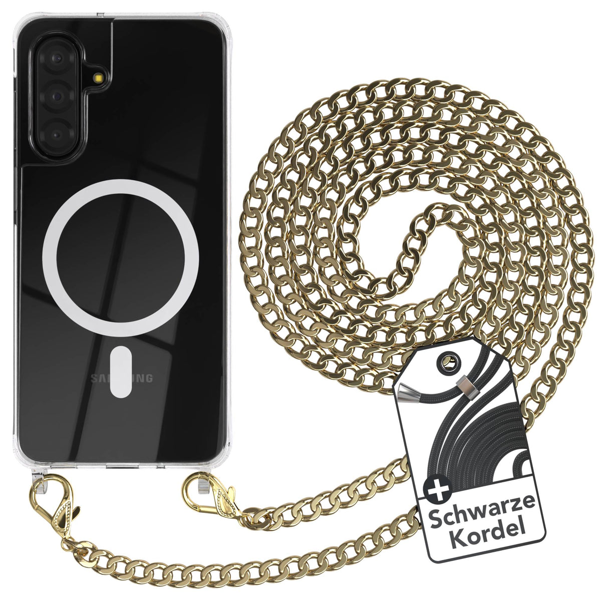 Galaxy A18 Hülle mit Metallkette + Schwarze Kordel mit MagSafe