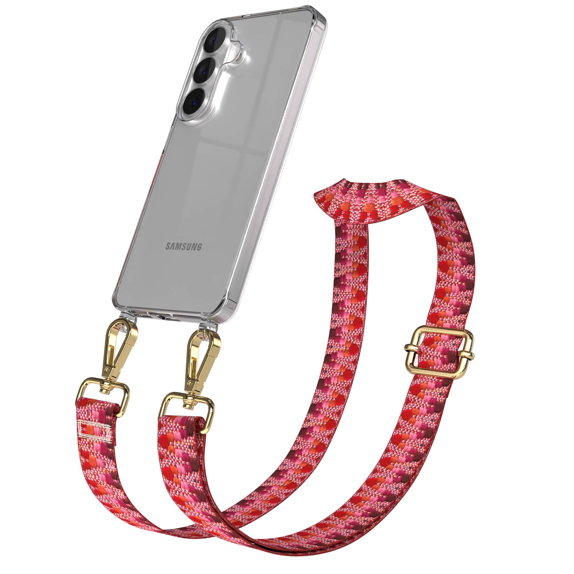 Samsung Galaxy S26 Handykette mit verstellbarem Boho Band Umhängegurt #farbe_beere-metallfarbe-gold