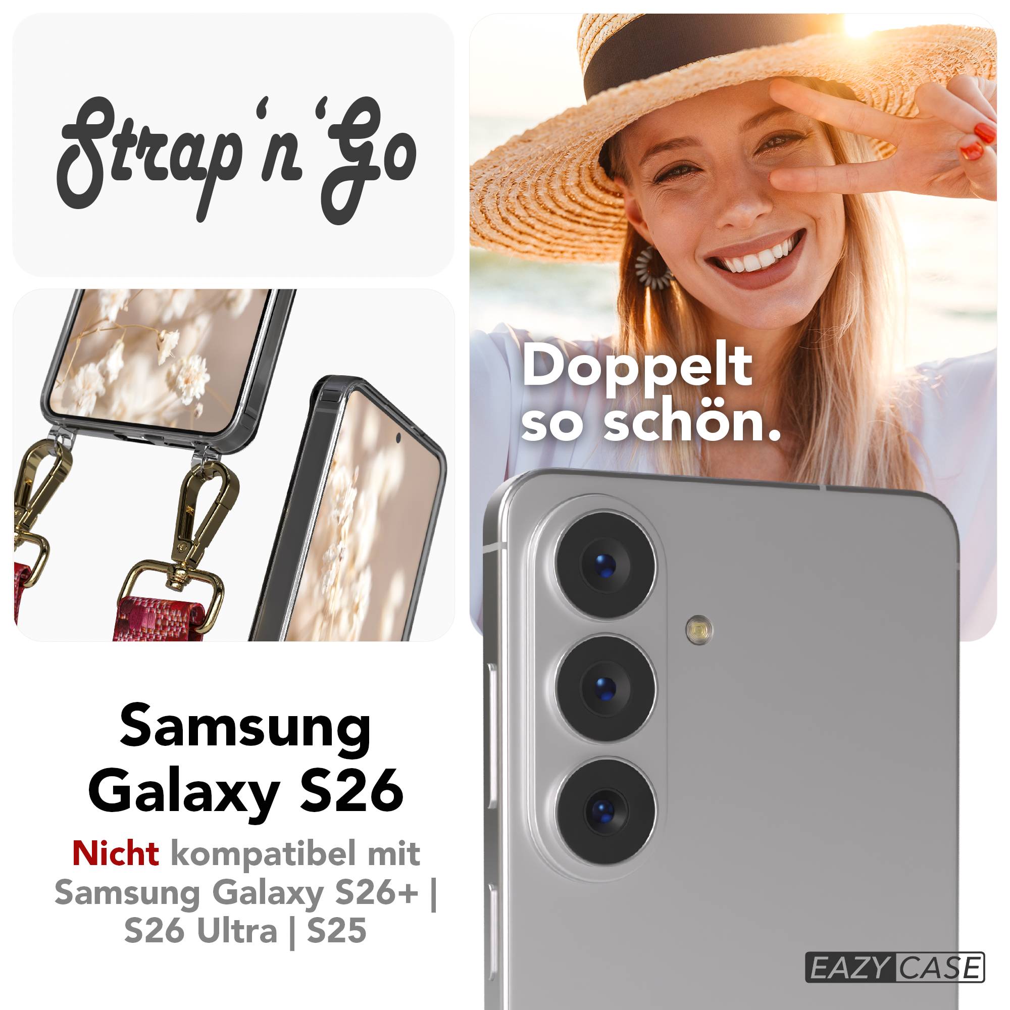 Samsung Galaxy S26 Handykette mit verstellbarem Boho Band Umhängegurt #farbe_beere-metallfarbe-gold