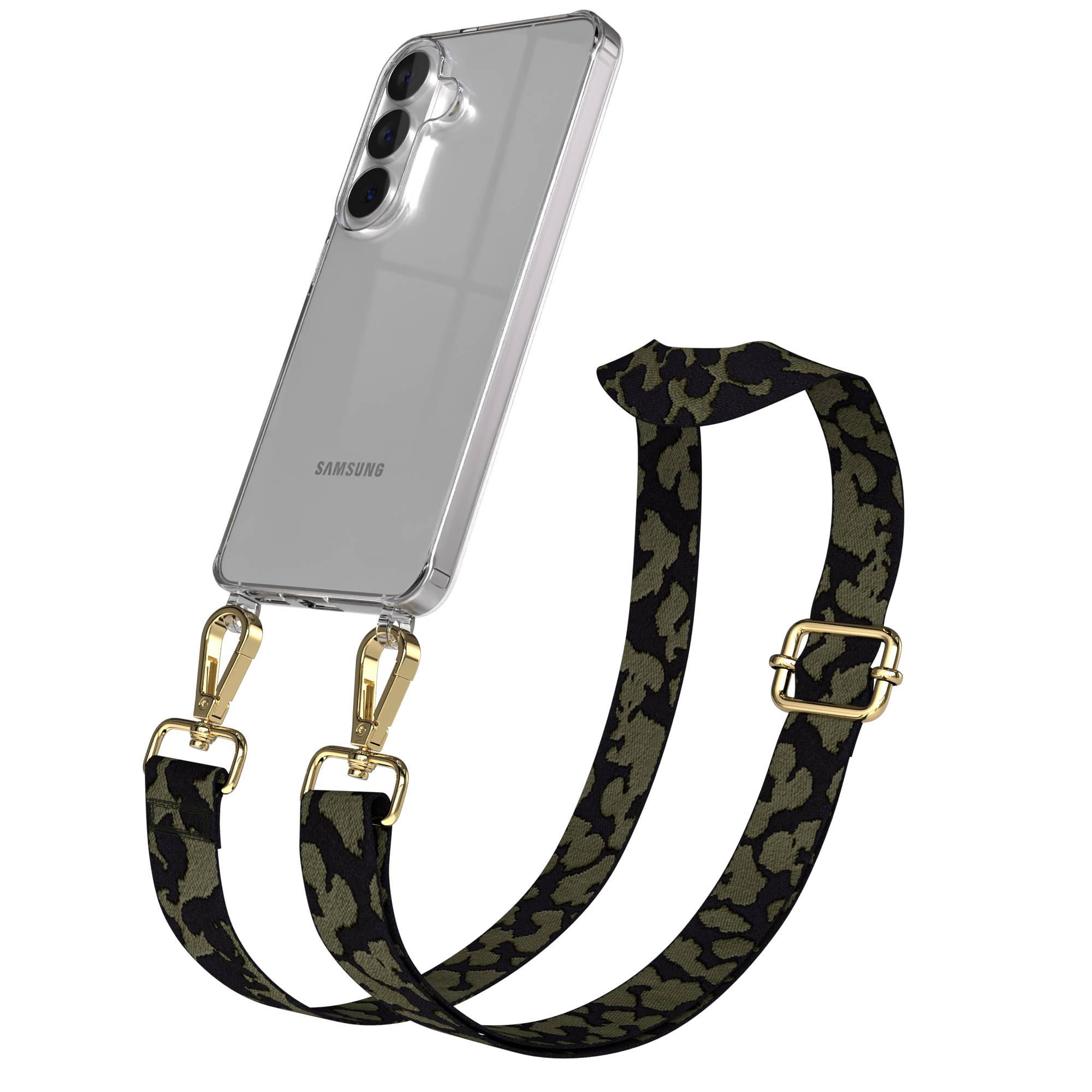 Samsung Galaxy S26 Handykette mit verstellbarem Boho Band Umhängeband #farbe_dunkelgrun-camouflage-metallfarbe-gold