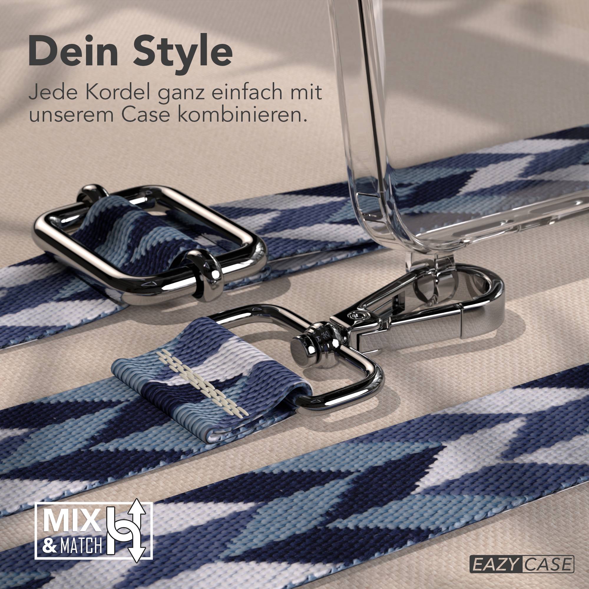 Samsung Galaxy S26 Handykette mit verstellbarem Boho Band Umhängeband #farbe_blau-mix-metallfarbe-silber