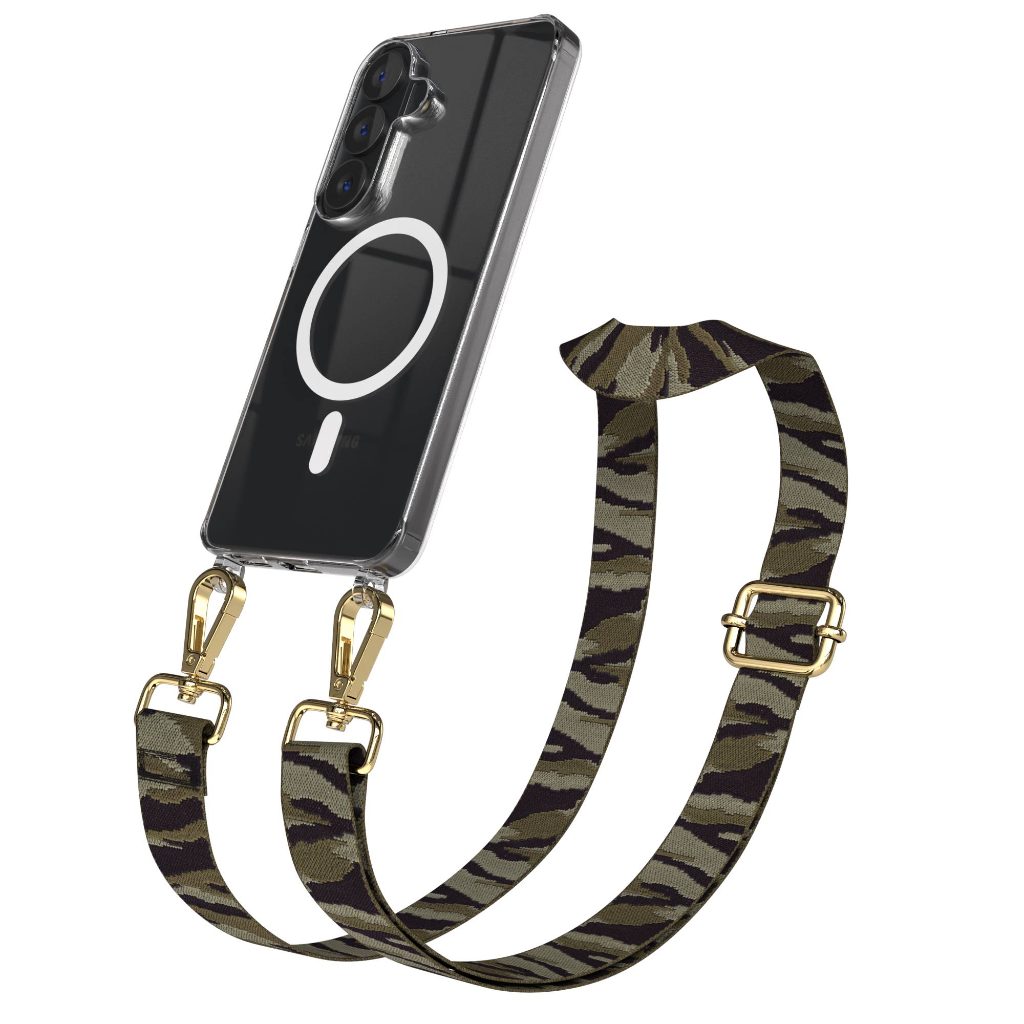 Samsung Galaxy S26 MagSafe Handykette mit verstellbarem Boho Band Set #farbe_grun-camouflage-metallfarbe-gold