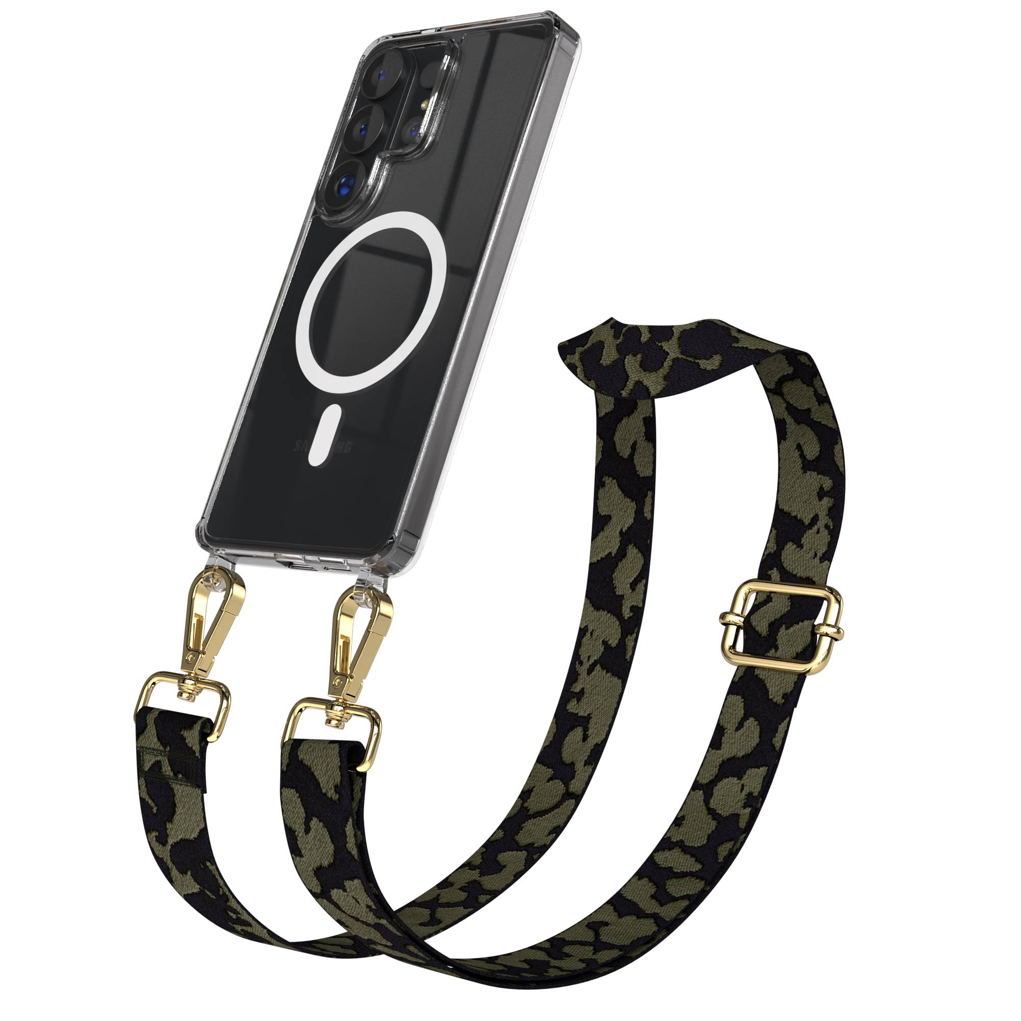 Samsung Galaxy S26 Ultra Handykette MagSafe mit Boho Band Set #farbe_dunkelgrun-camouflage-metallfarbe-gold