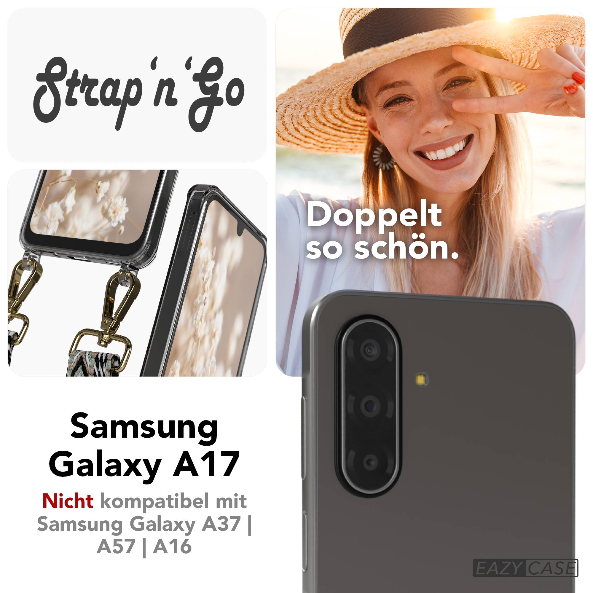 Samsung Galaxy A17 Handykette mit Boho Band und verstellbarem Trageriemen #farbe_grun-schwarz-metallfarbe-gold