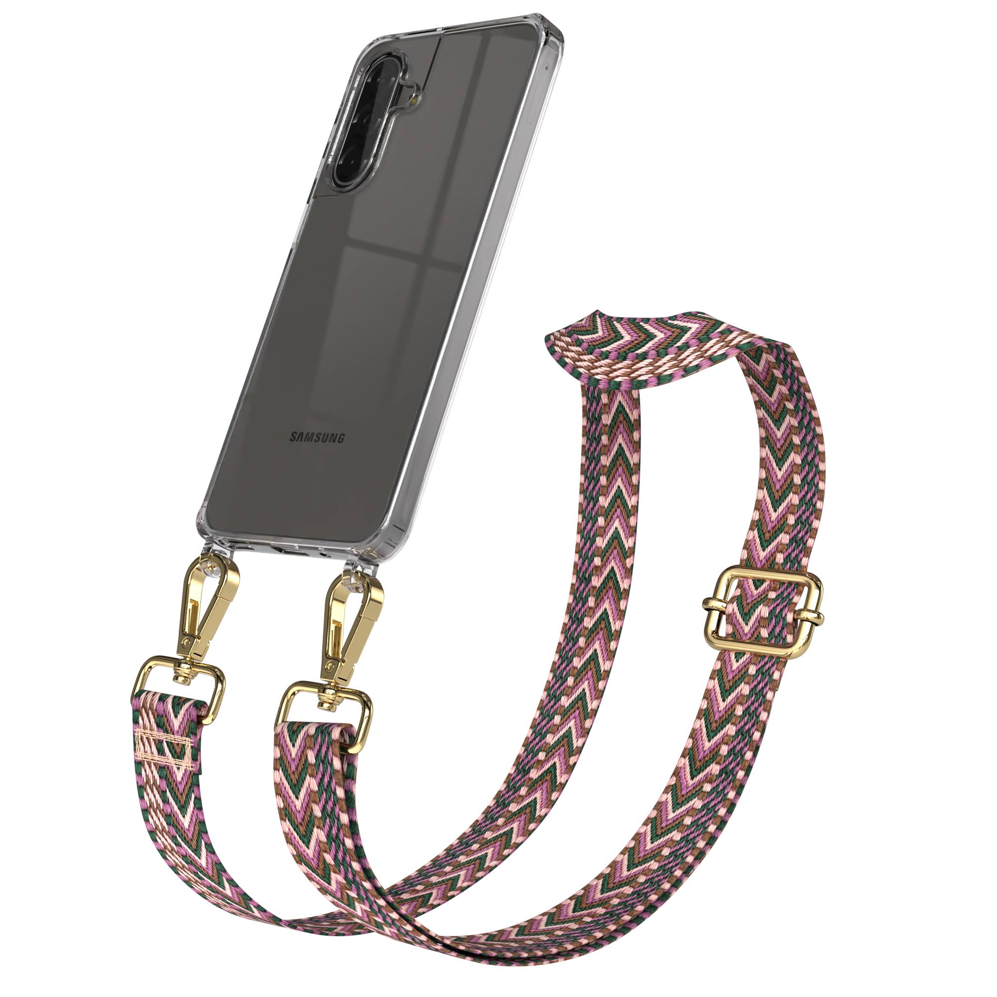 Samsung Galaxy A17 Handykette mit Boho Band und verstellbarem Trageriemen #farbe_beere-rosa-metallfarbe-gold
