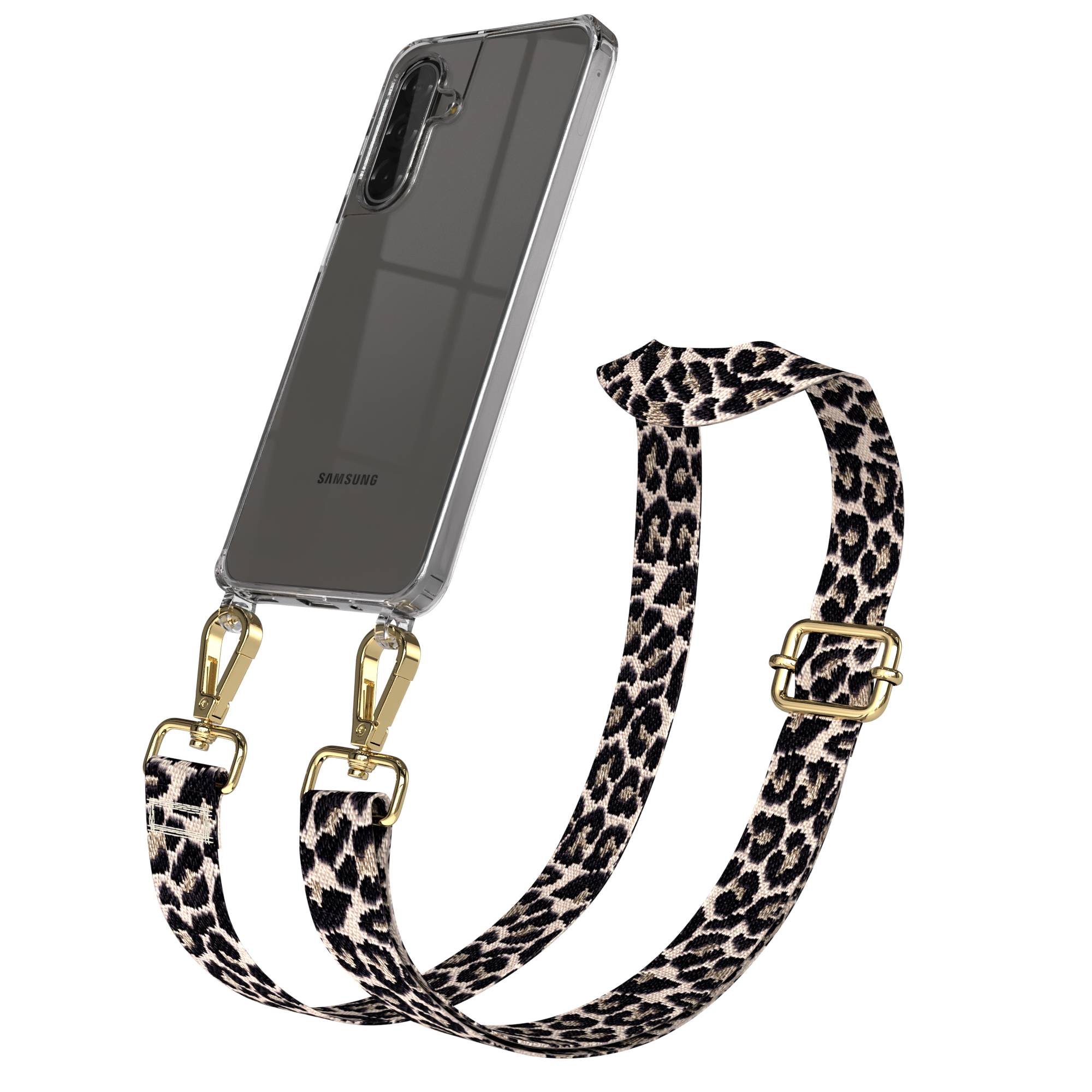 Samsung Galaxy A17 Handykette mit verstellbarem Boho Band EAZY CASE #farbe_leo-taupe-schwarz-metallfarbe-gold