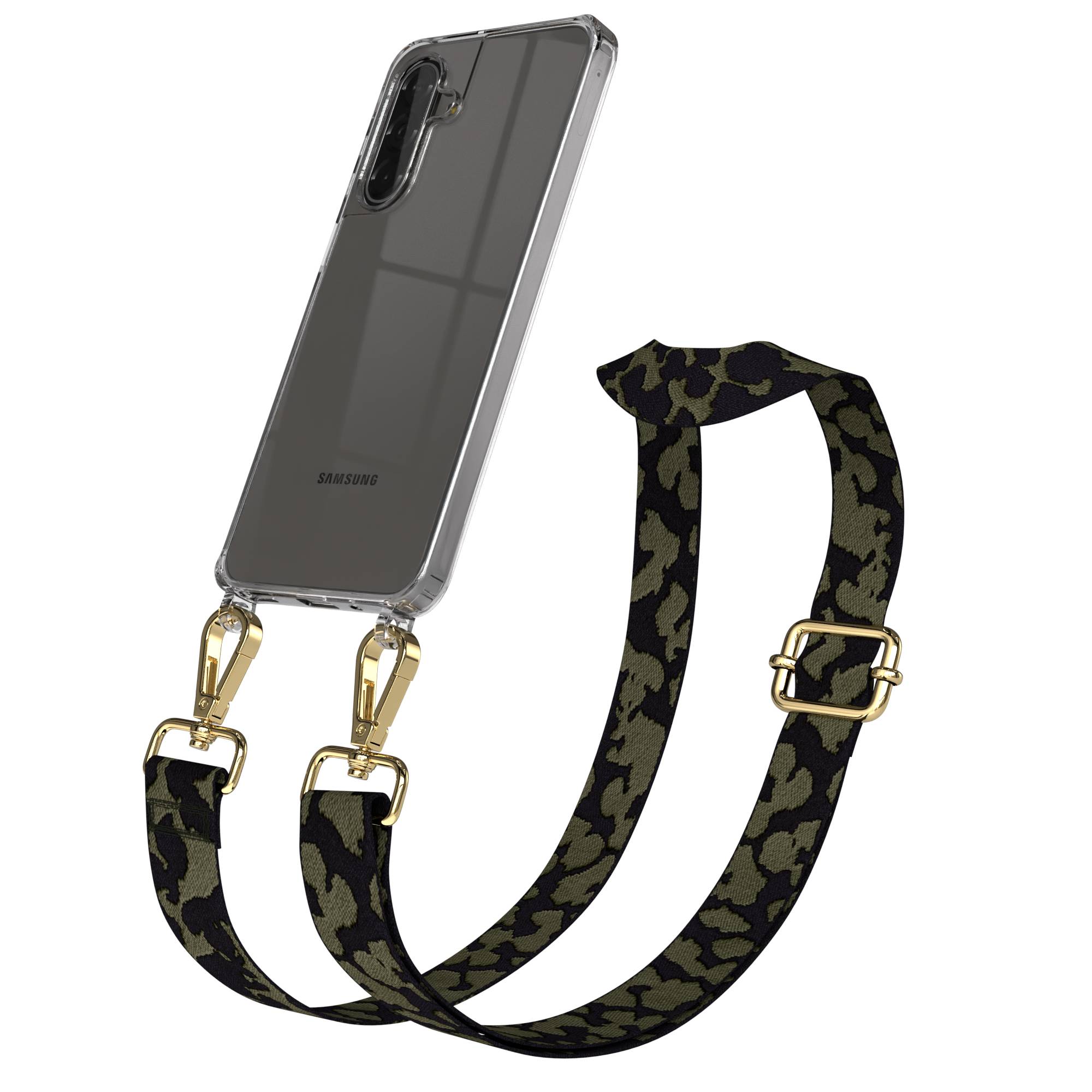 Samsung Galaxy A17 Handykette mit verstellbarem Boho Band EAZY CASE #farbe_dunkelgrun-camouflage-metallfarbe-gold