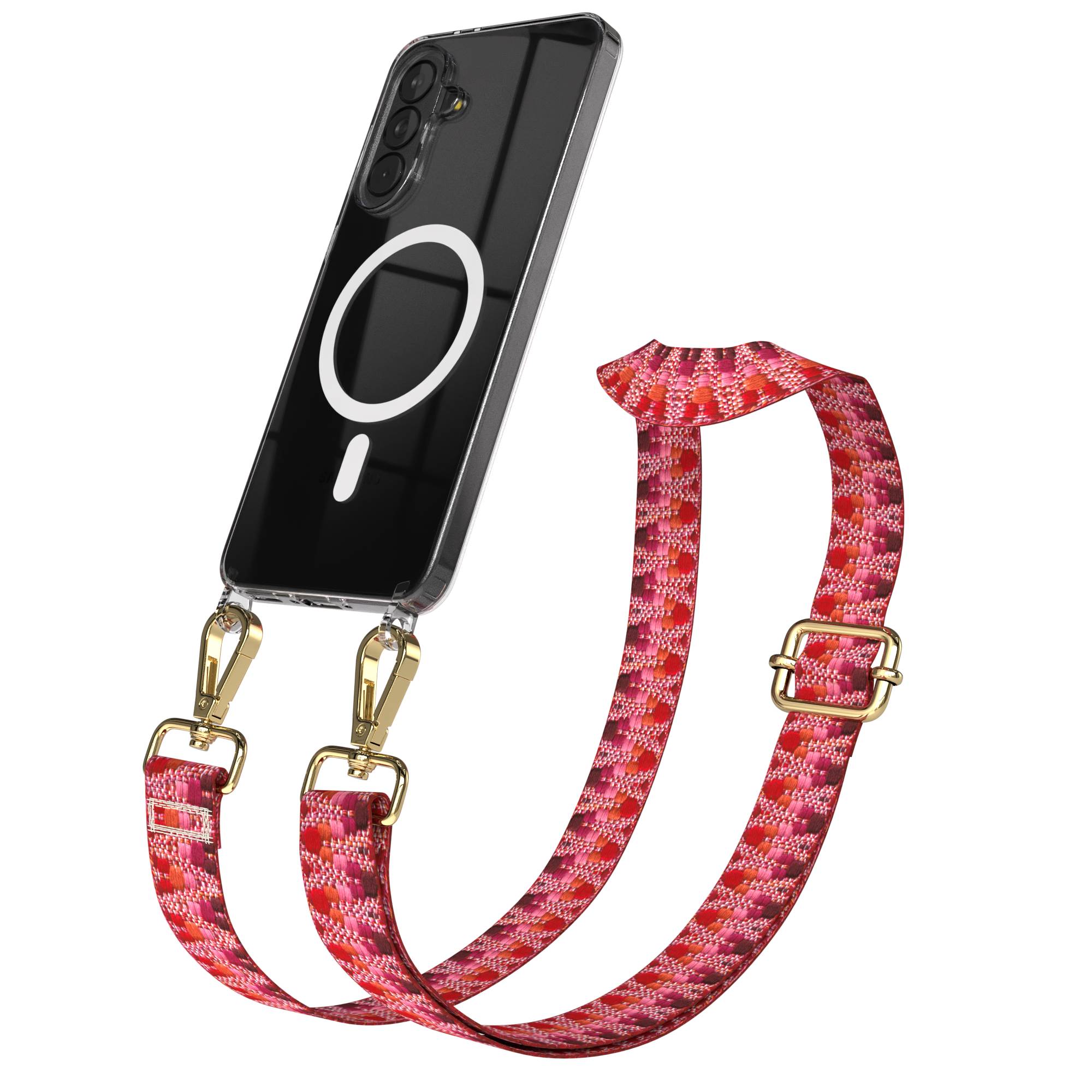 Samsung Galaxy A37 Handykette mit MagSafe und Boho Trageriemen Set #farbe_beere-metallfarbe-gold