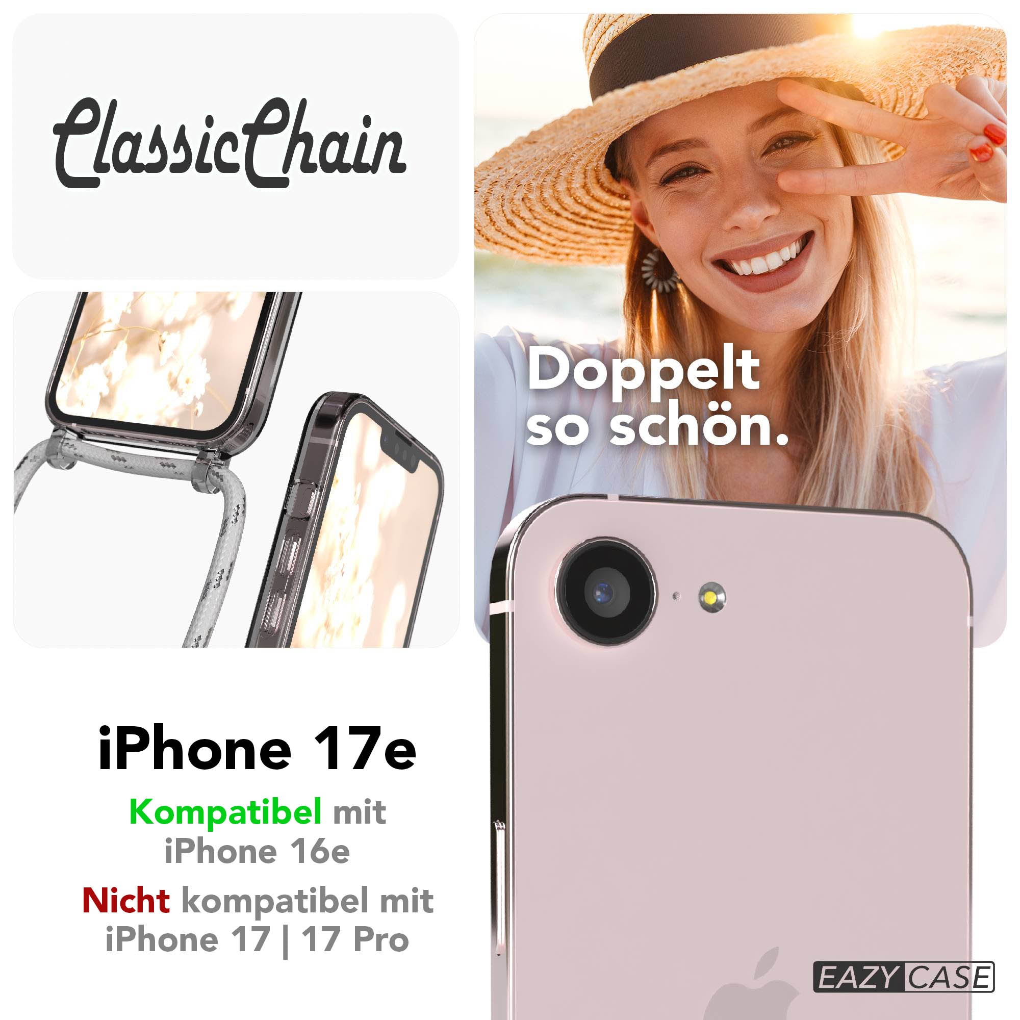 Apple iPhone 17e transparente Handykette mit TPU Hülle und verstellbarer Kordel