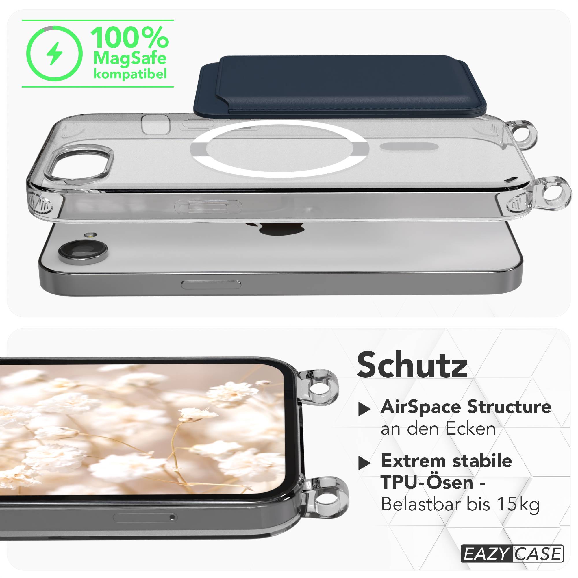 iPhone 17e MagSafe Handykette mit verstellbarem Boho Band von EAZY CASE #farbe_blau-mix-metallfarbe-silber