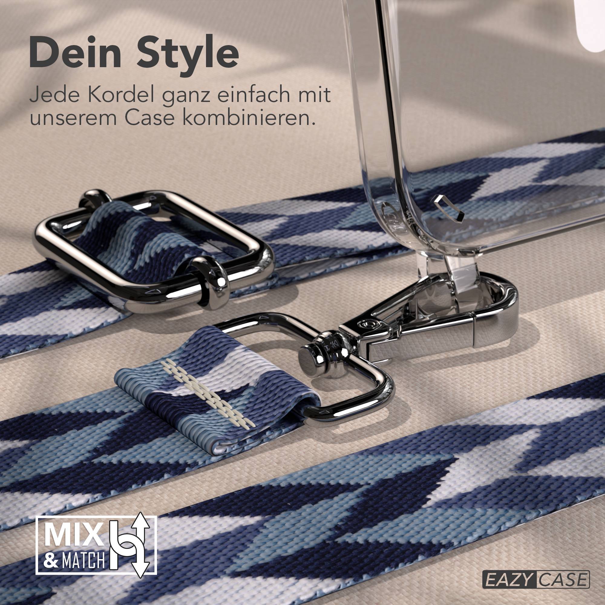 iPhone 17e MagSafe Handykette mit verstellbarem Boho Band von EAZY CASE #farbe_blau-mix-metallfarbe-silber