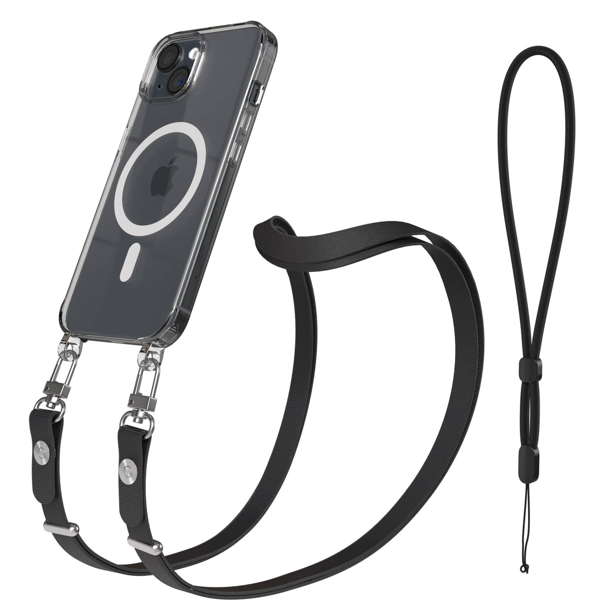 Apple iPhone 15 MagSafe Hülle mit magnetischem Crossbody-Umhängegurt Set #farbe_schwarz-magsafe-funktion-mit-magsafe