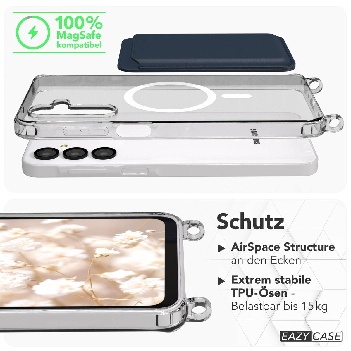 Samsung Galaxy A16 MagSafe Hülle mit magnetischer Crossbody Handykette im Set #farbe_blau-magsafe-funktion-mit-magsafe