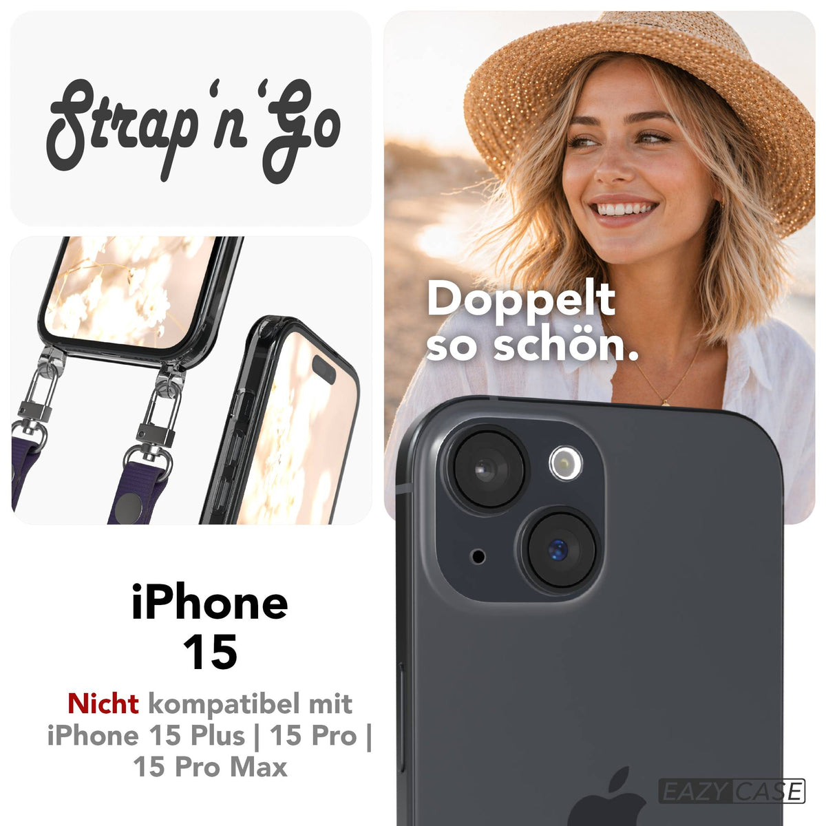 Apple iPhone 15 MagSafe Hülle mit magnetischem Crossbody-Umhängegurt Set #farbe_lila-magsafe-funktion-ohne-magsafe