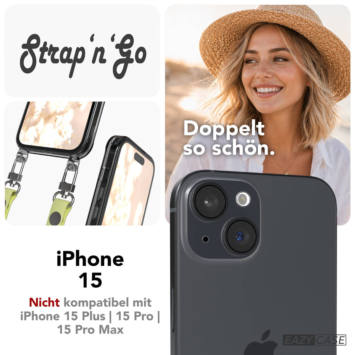 Apple iPhone 15 MagSafe Hülle mit magnetischem Crossbody-Umhängegurt Set #farbe_gelb-magsafe-funktion-ohne-magsafe